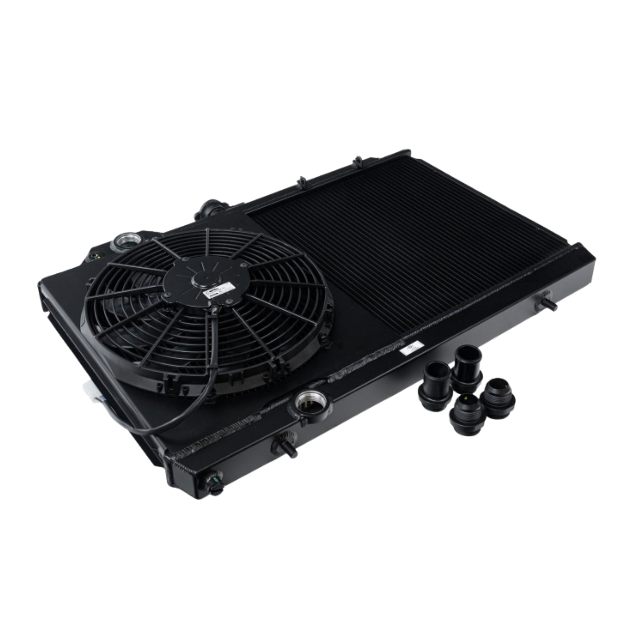 Black radiator with fan on a white background