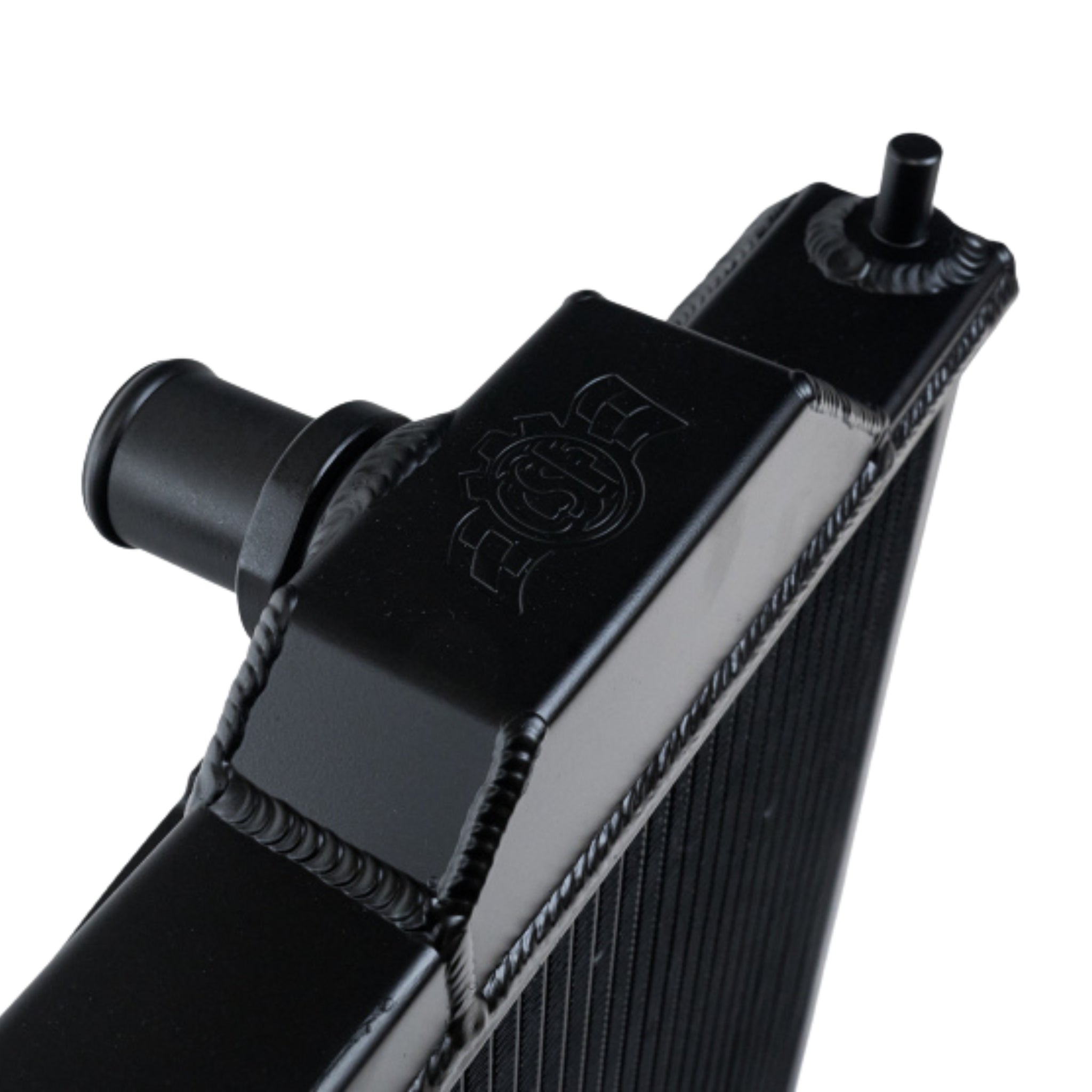 Black radiator with a brand logo on a white background