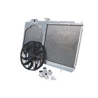 Car radiator with fan and mounting hardware on a white background