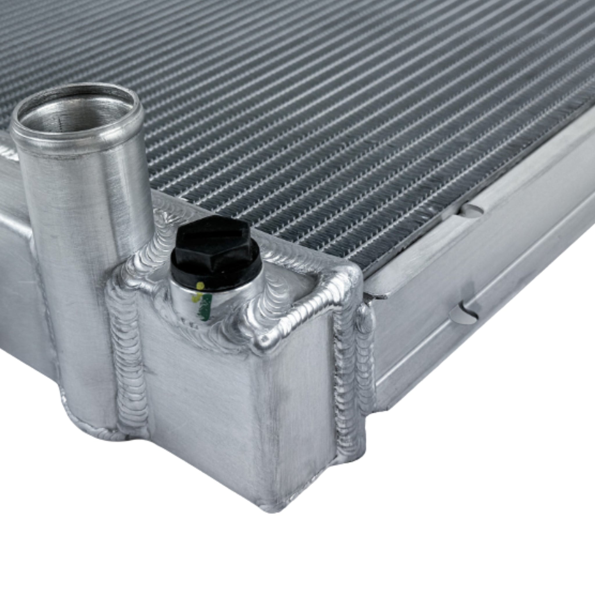 Metallic radiator with pipes and connectors on a white background