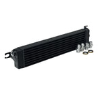 Black oil cooler with hardware on a white background