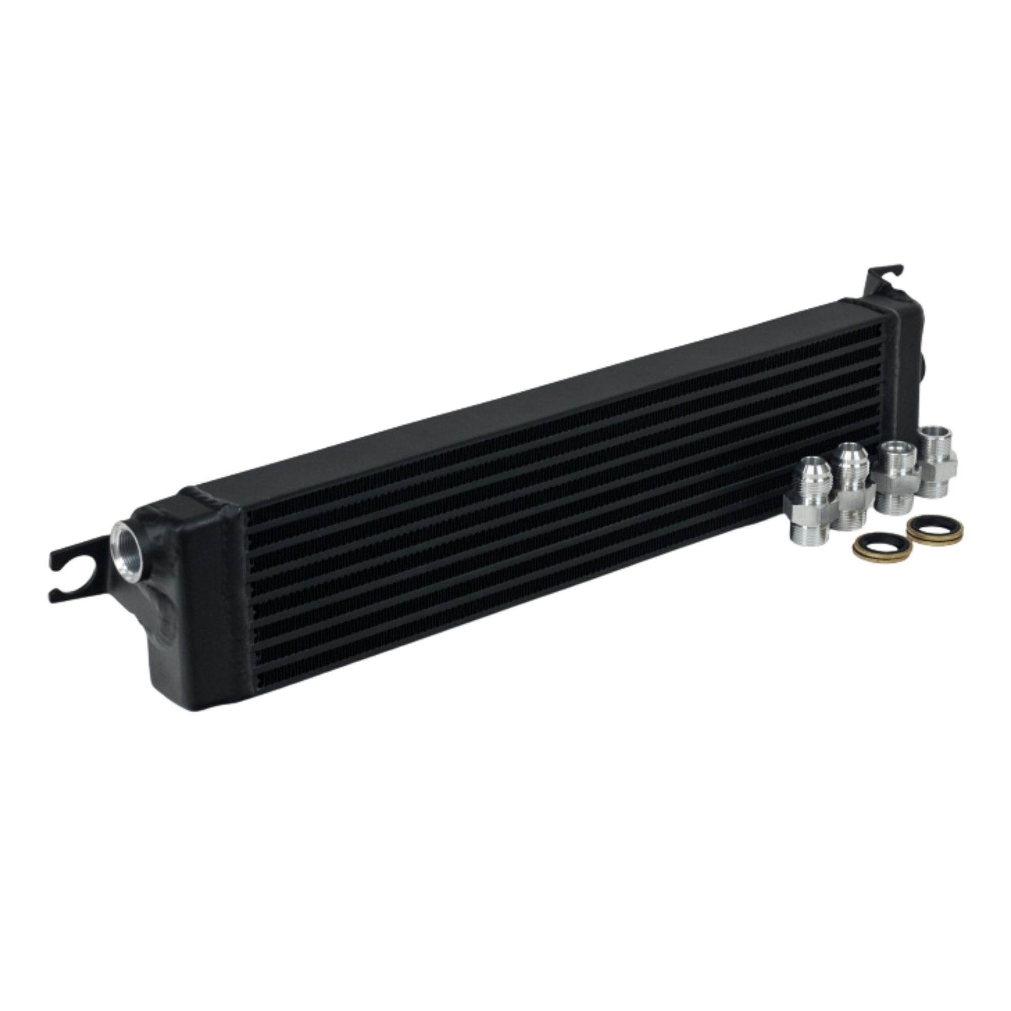 Black oil cooler with hardware on a white background