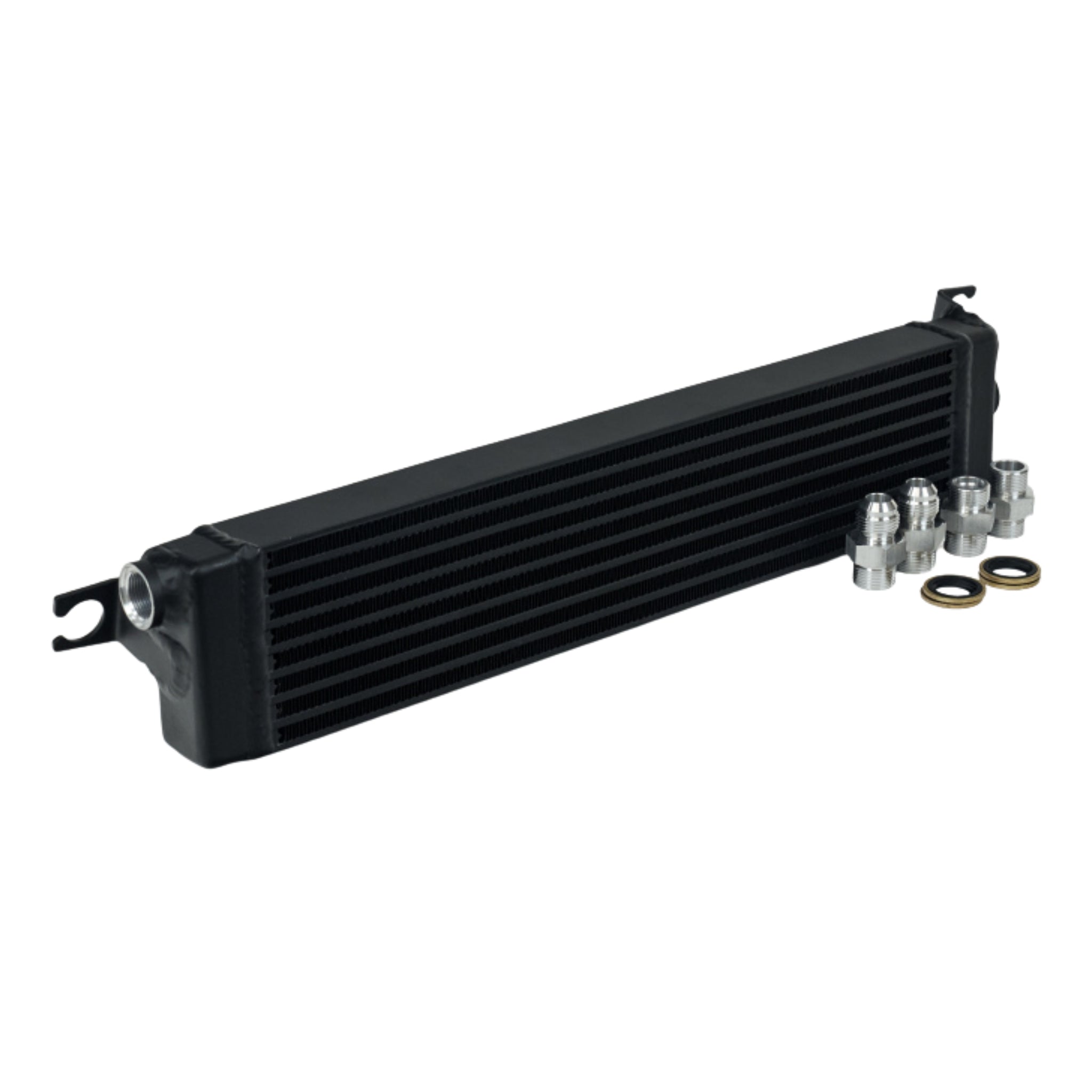 Black oil cooler with hardware on a white background