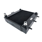 Black radiator with multiple fluid connections on a white background