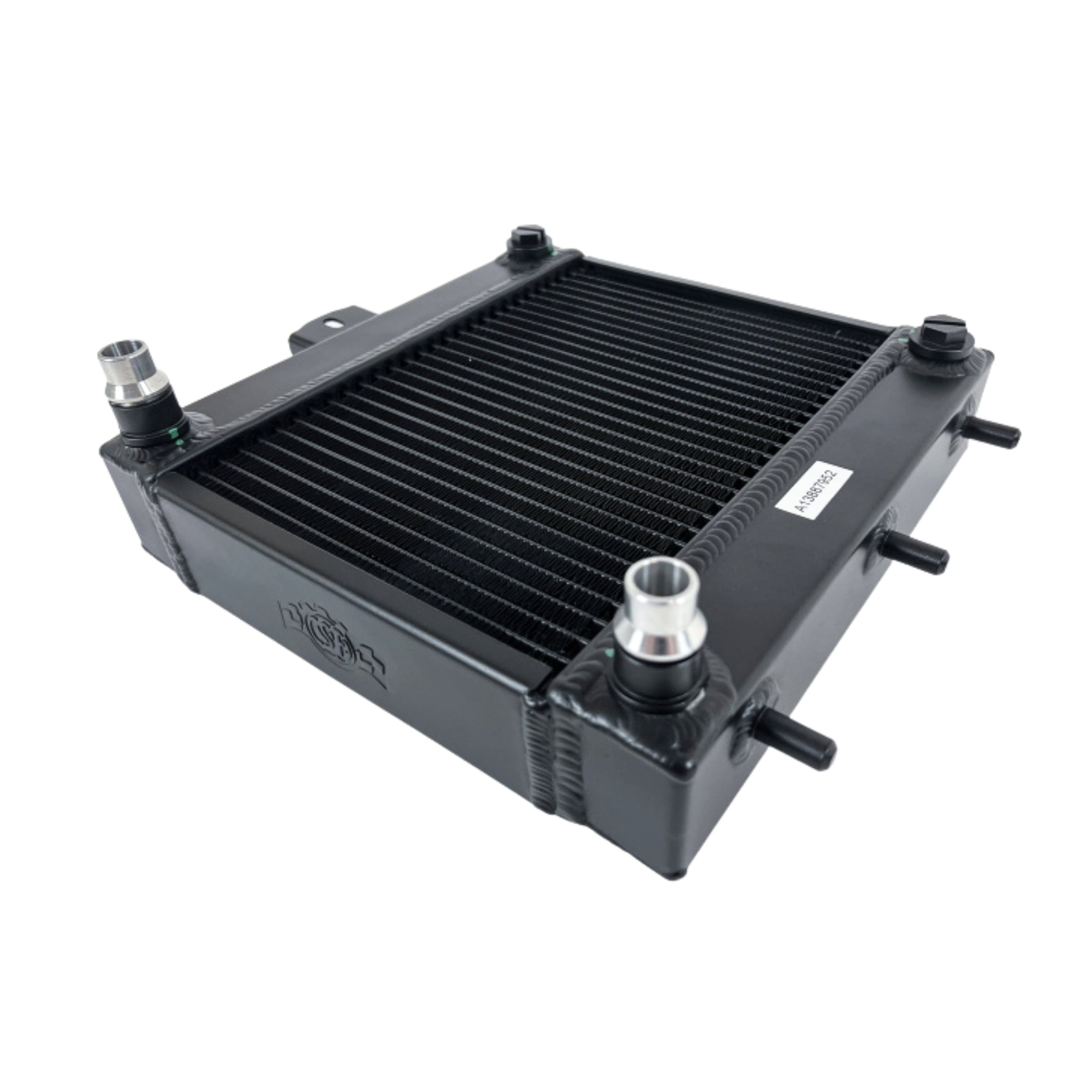 Black radiator with multiple fluid connections on a white background