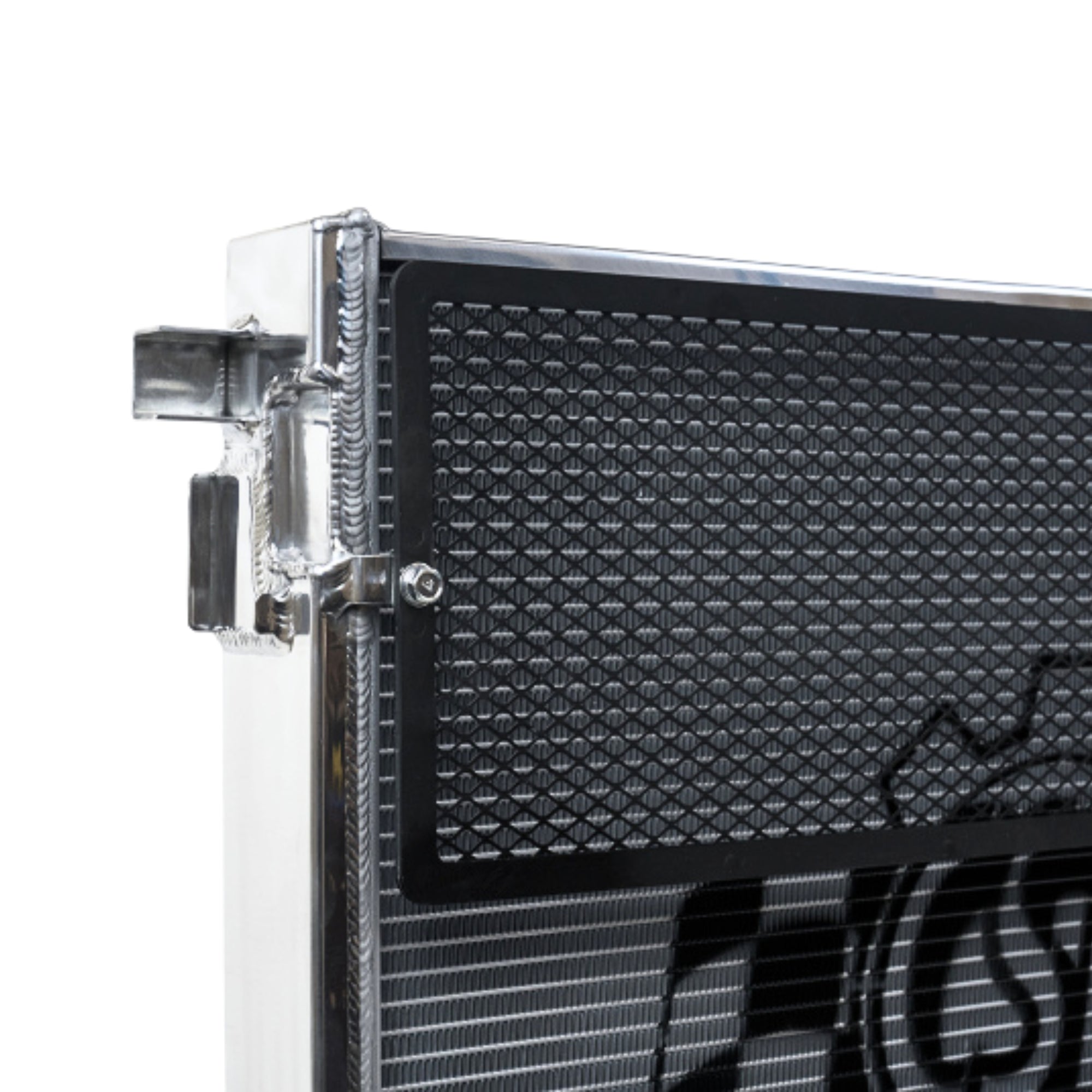 Close-up of a BMW M4 front mount heat exchanger with a brand logo on a white background