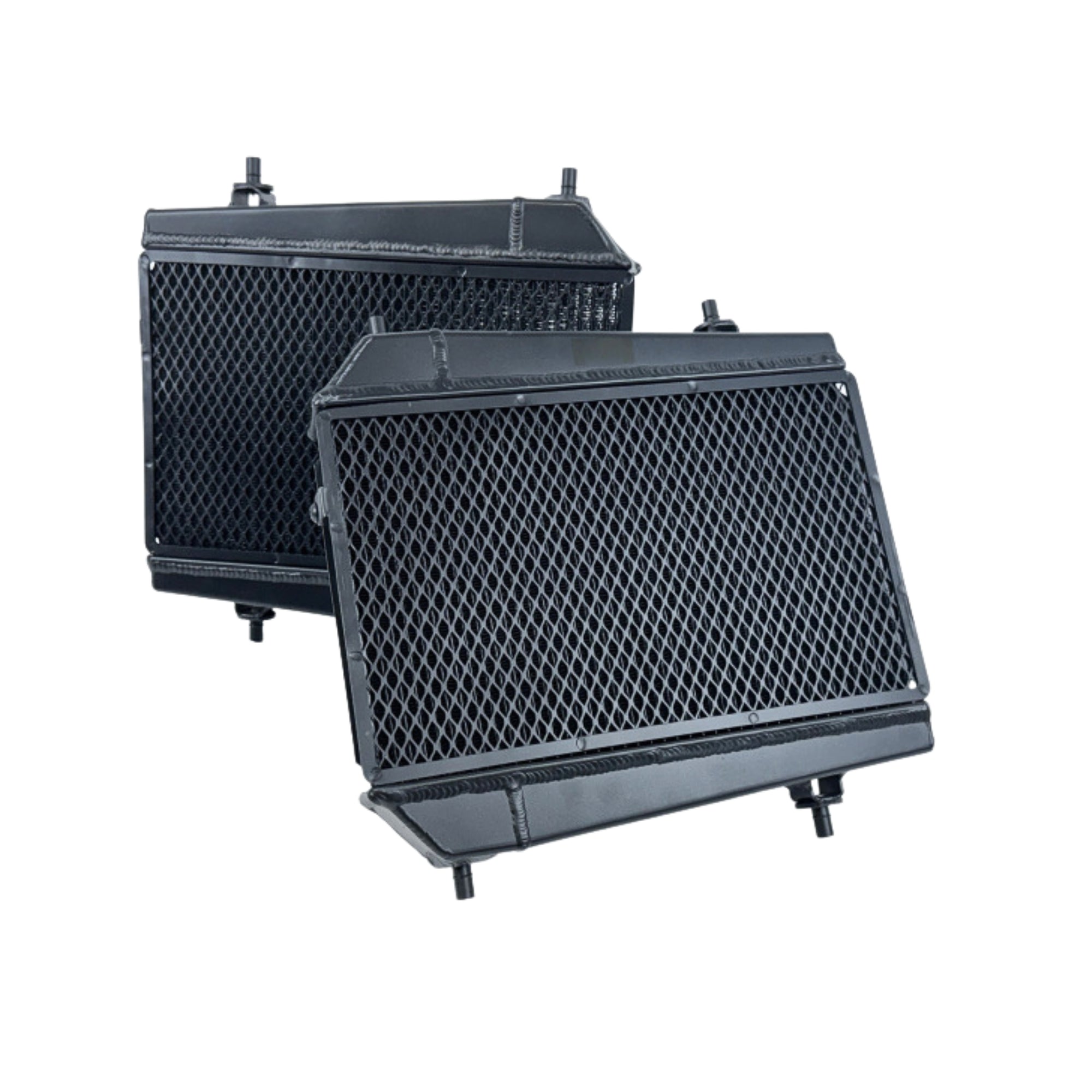 Two black metal radiators on a white background