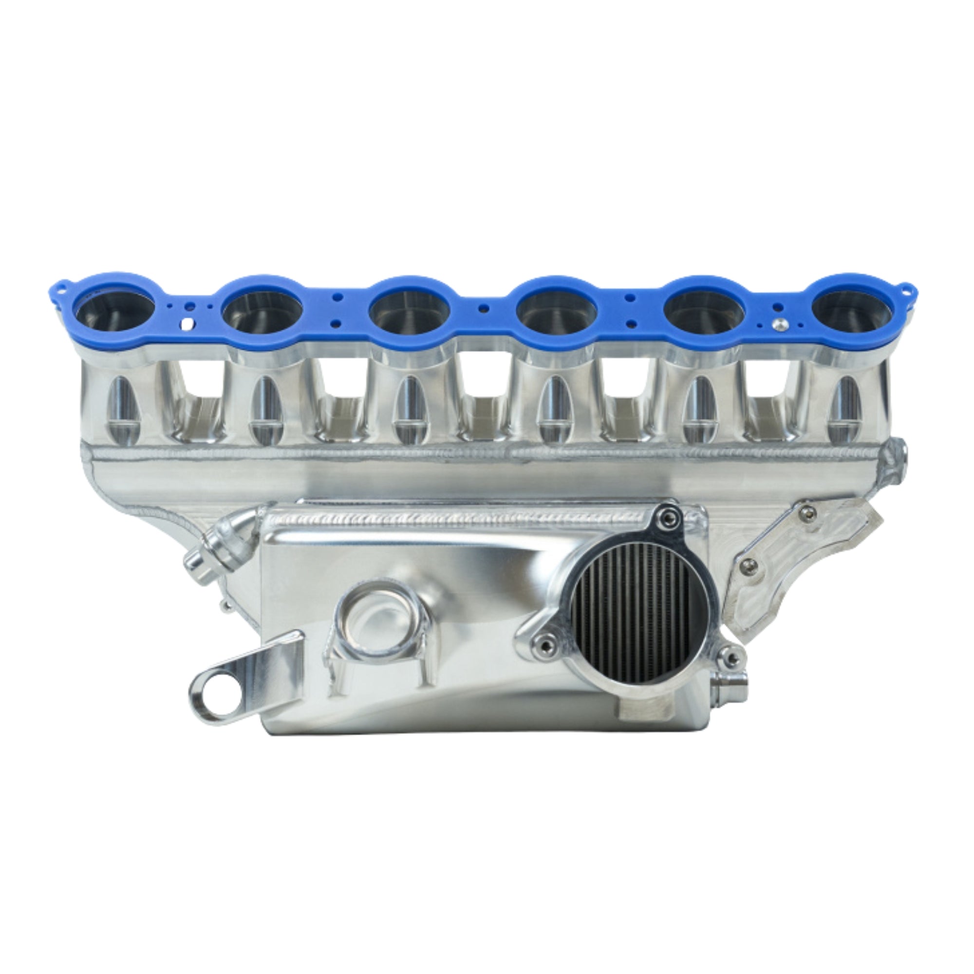 Metallic engine manifold with blue cover by CSF for BMW on a white background