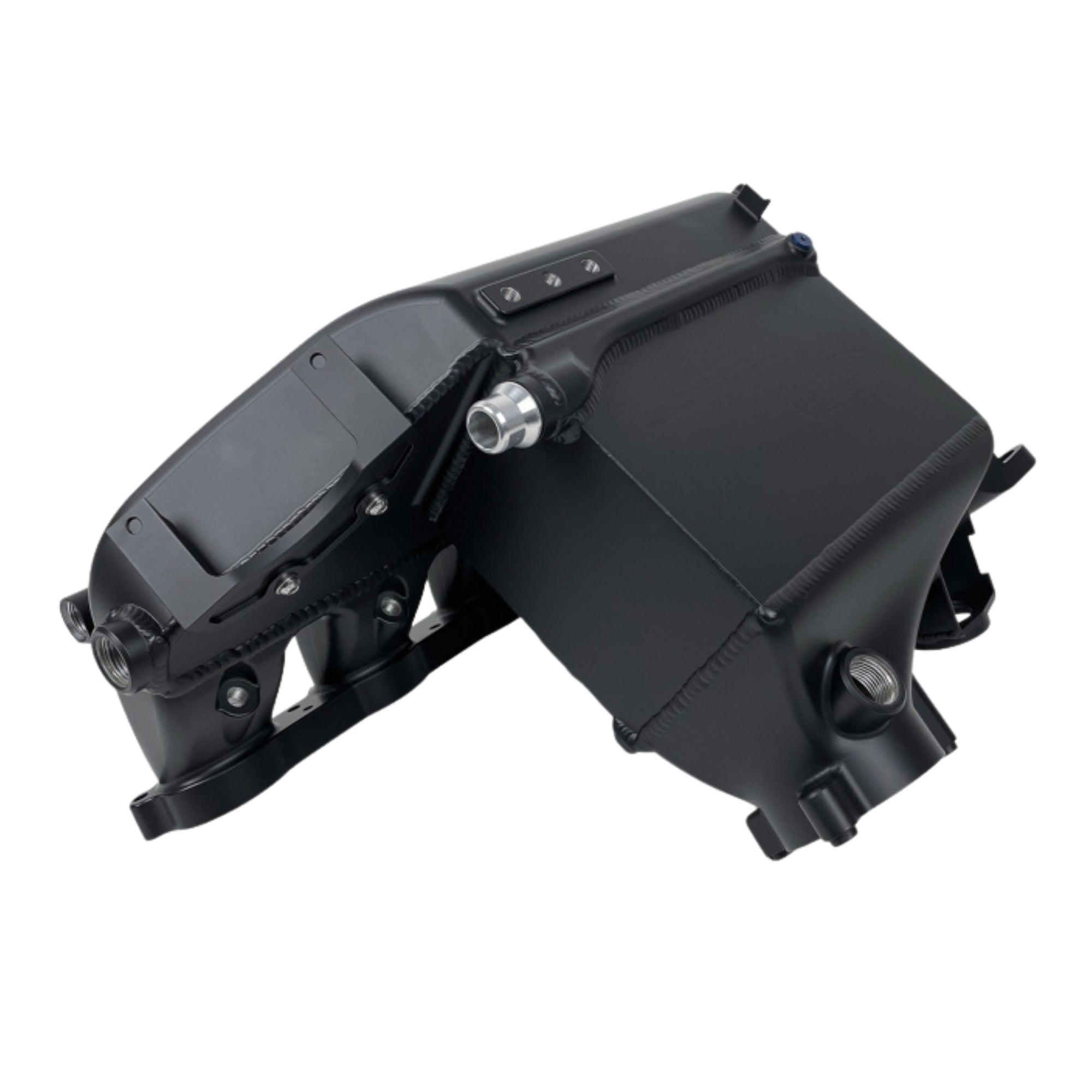 Black mechanical manifold on a white background