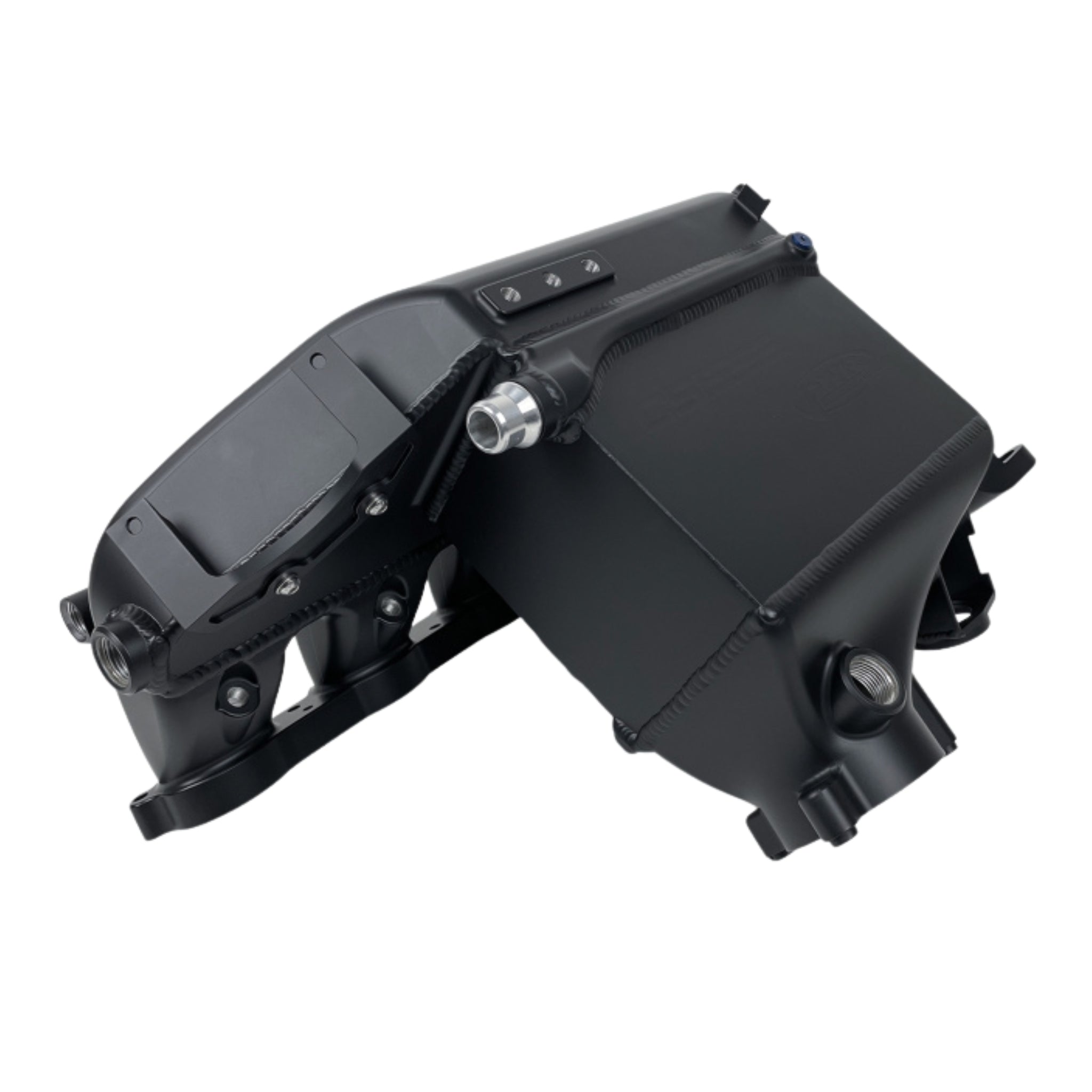 Black mechanical manifold on a white background