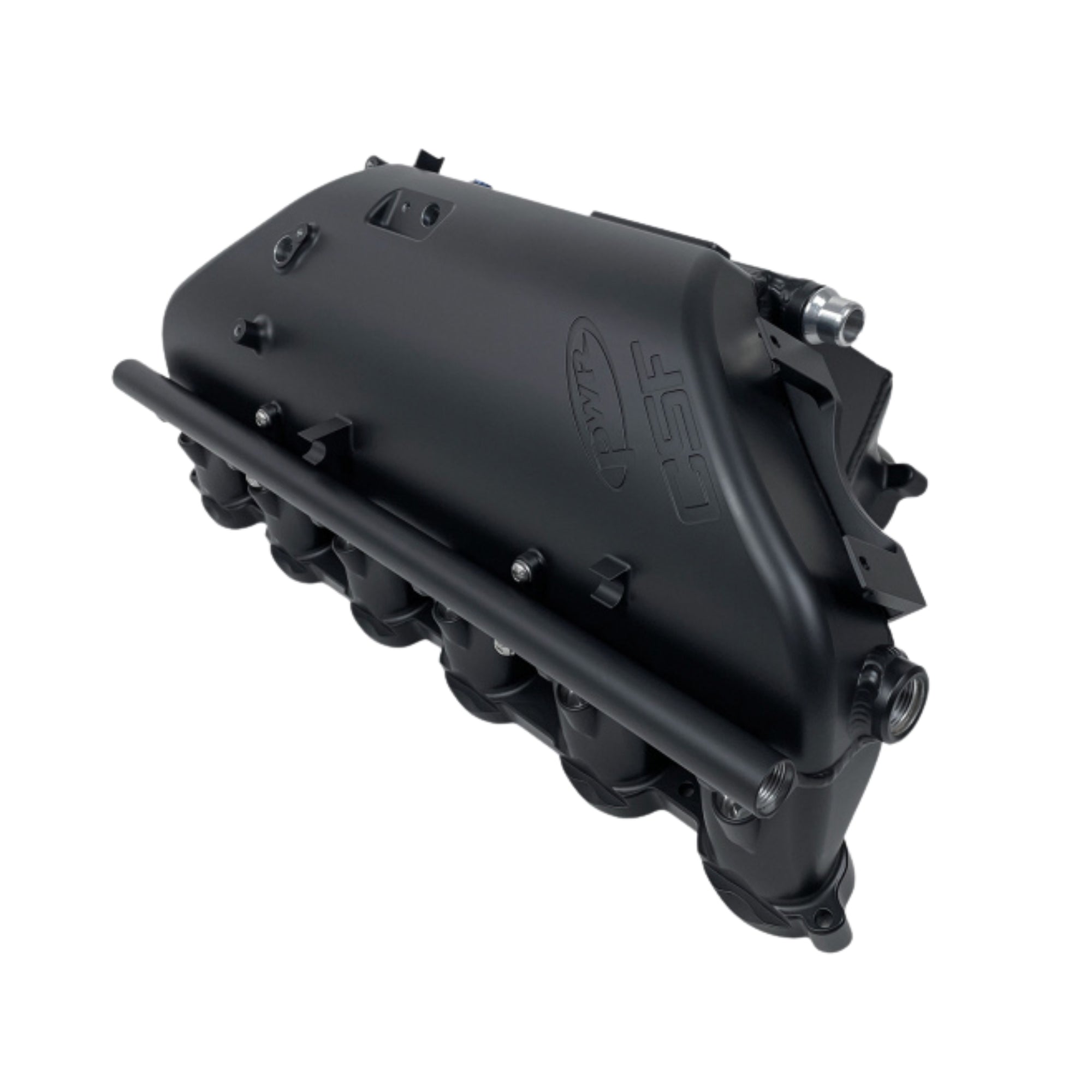 Black automotive manifold cover on a white background