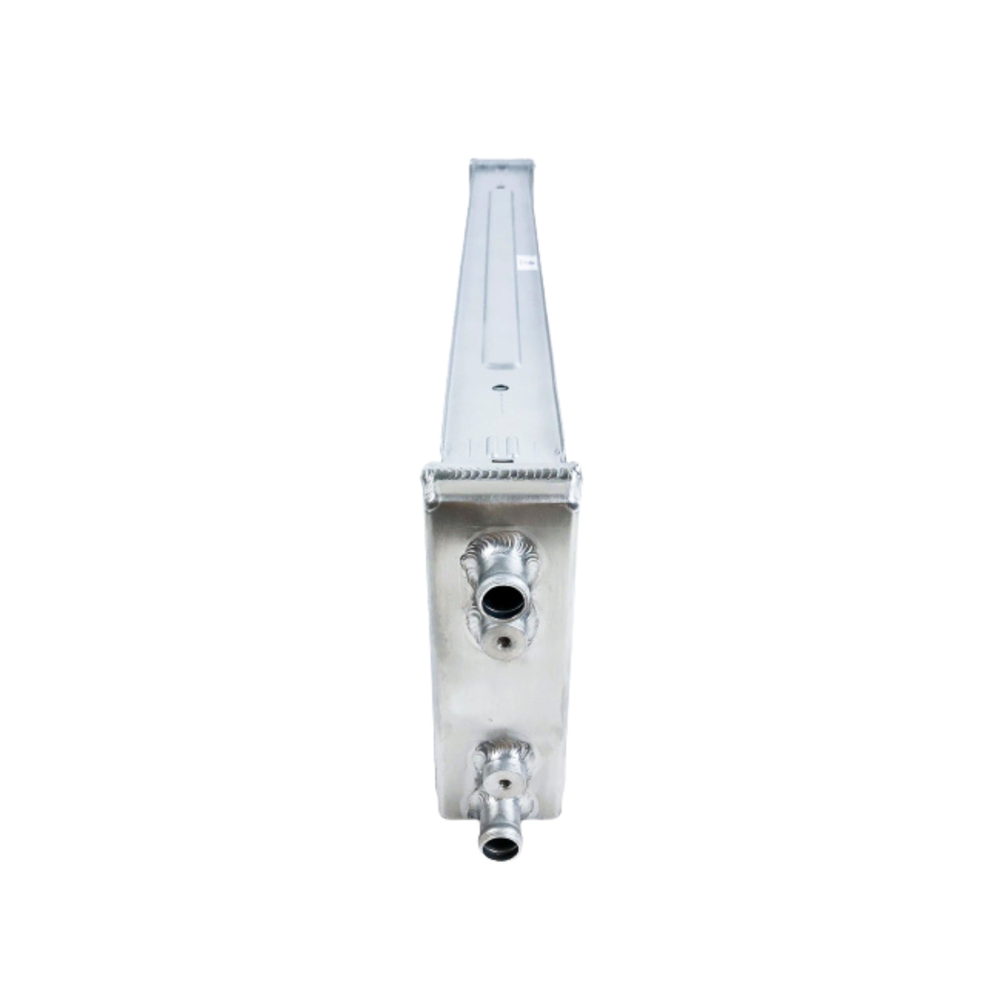 Metallic rectangular component with cylindrical hole on a white background