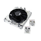 Automotive cooling system with fan and brackets on a white background