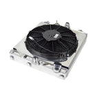 Metallic radiator with a black fan on a white background