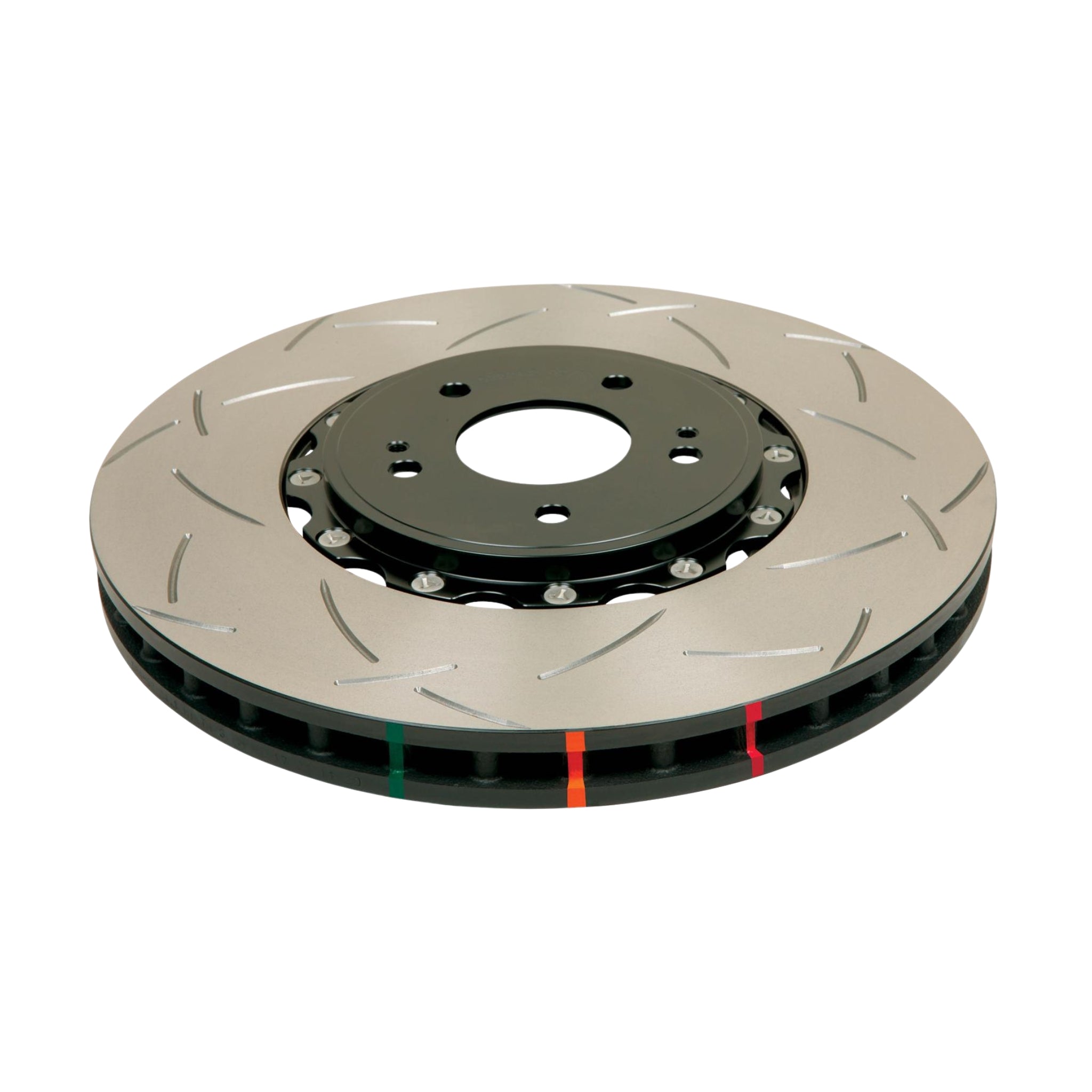 DBA 5000 Series 2-piece rear rotor for R35 GT-R – slotted design, fully assembled with black hat