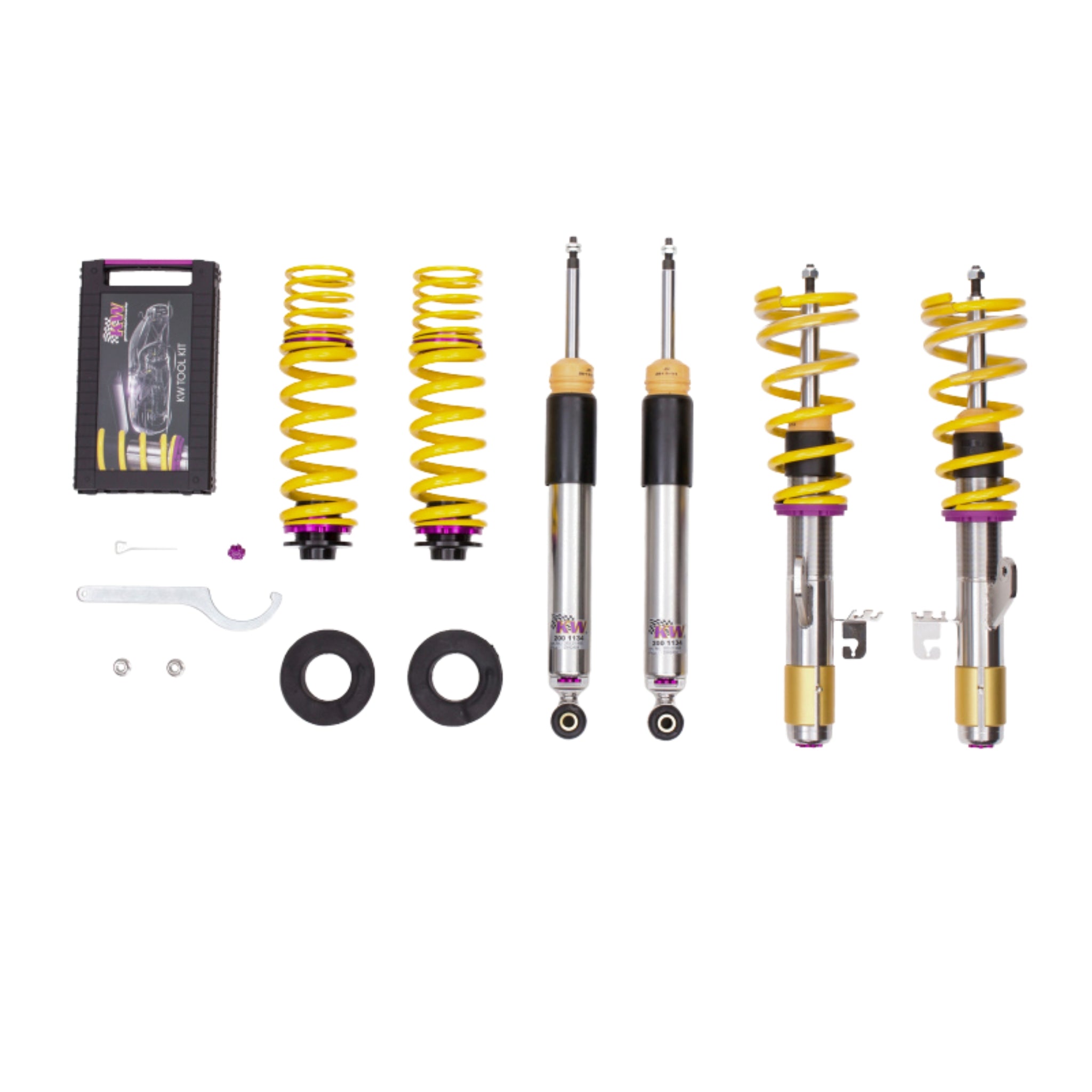 BMW KW Automotive suspension components including shock absorbers and springs on a white background