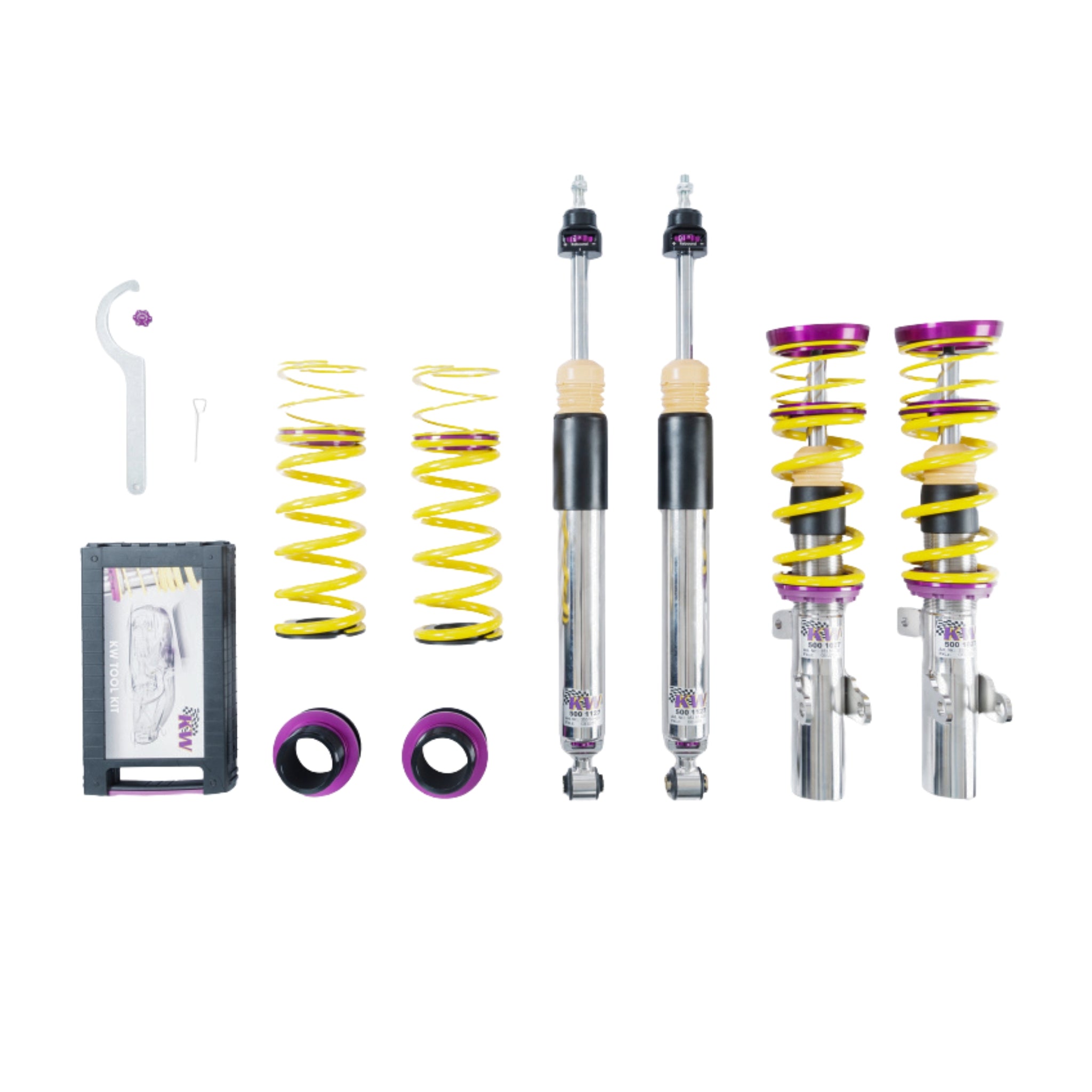 KW Honda Set of suspension components including shock absorbers and springs on a white background