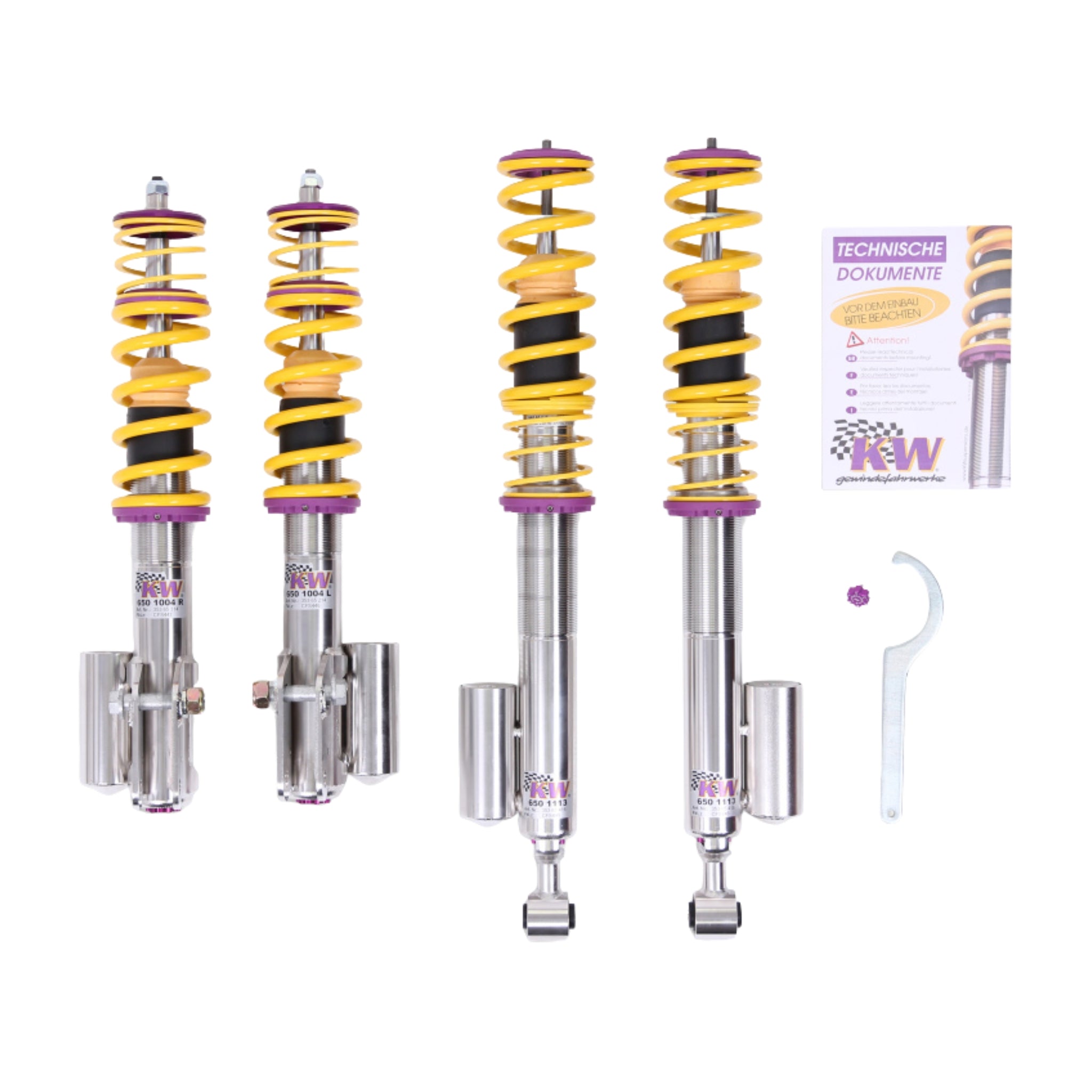 Set of KW suspension components with springs and shock absorbers on a white background