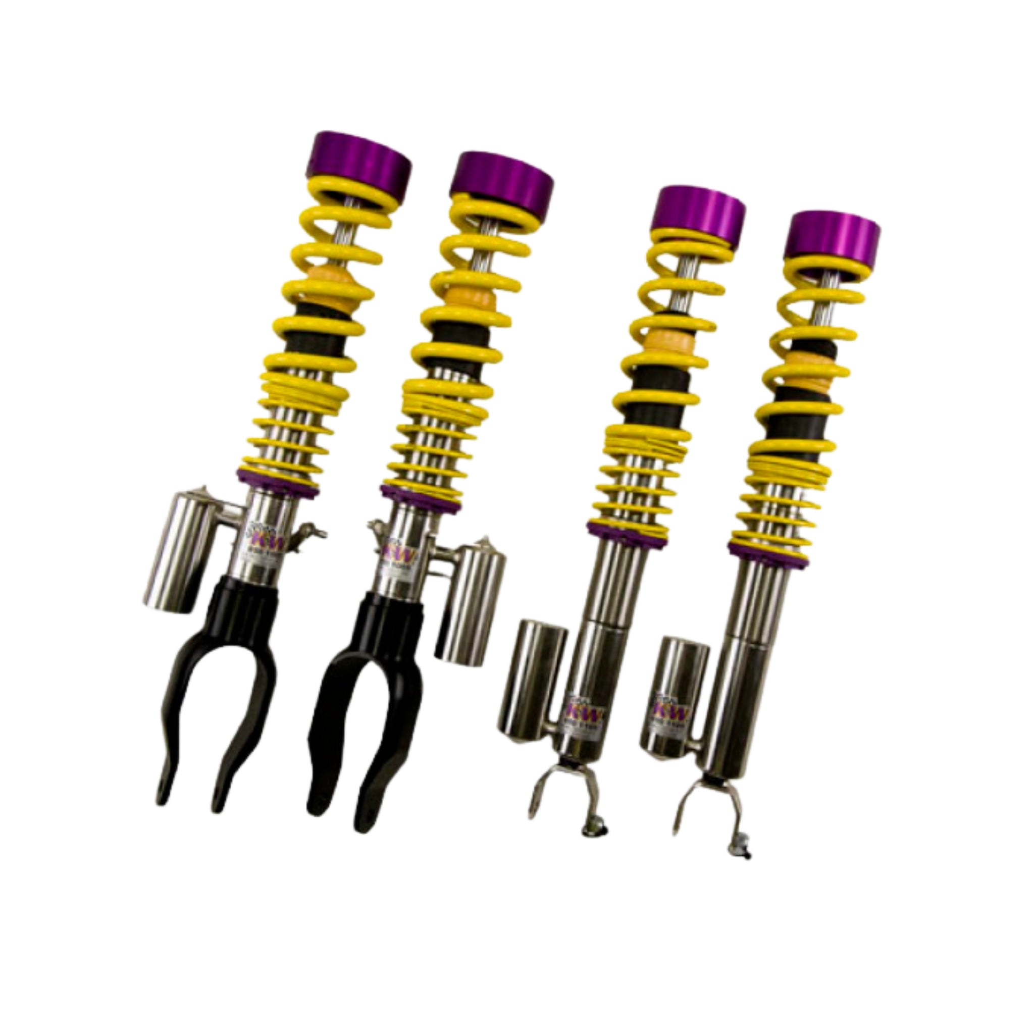 KW Nissan Set of four shock absorbers with purple and yellow springs on a white background