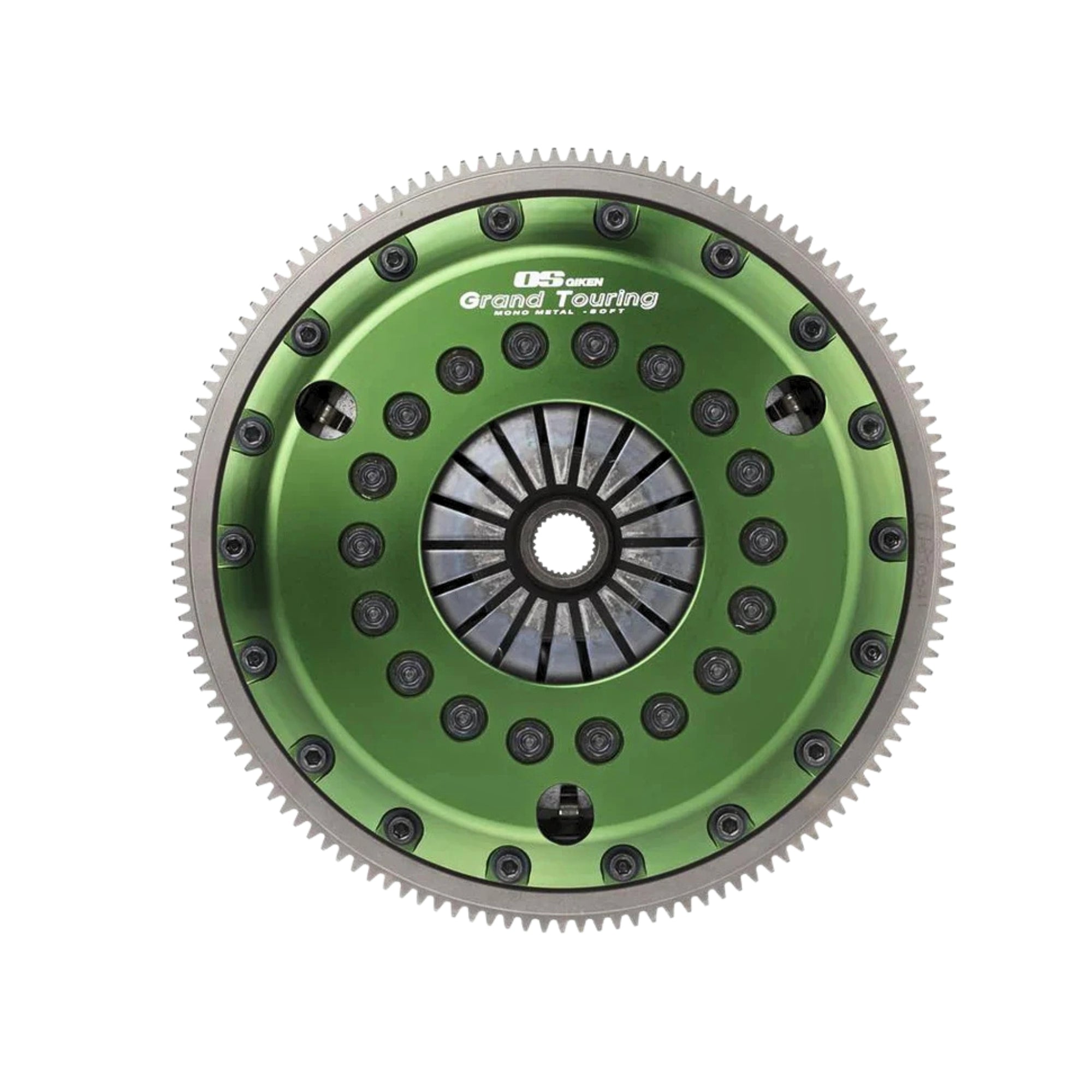 OS Giken Green and silver clutch disc with 'Grand Touring' branding on a white background