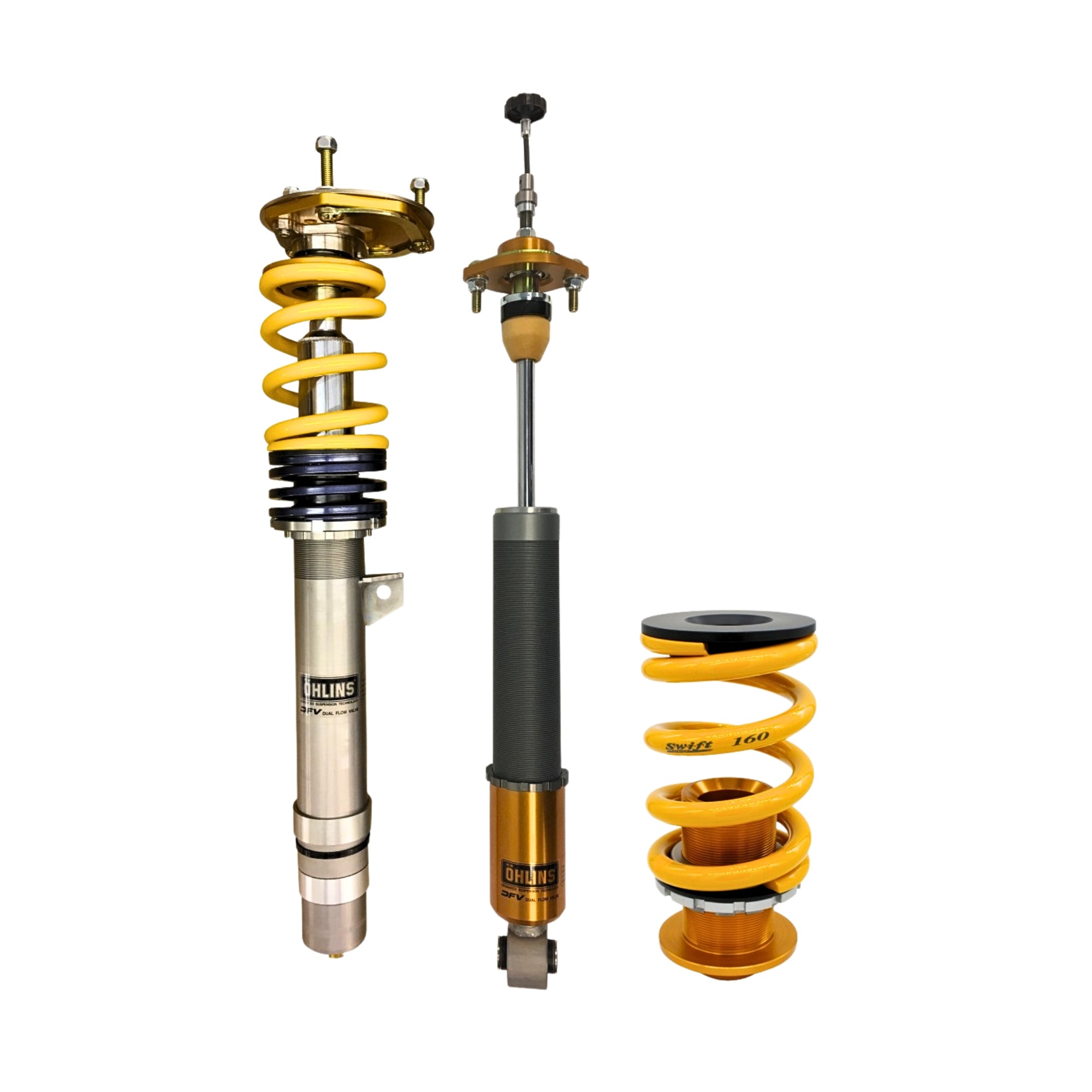 Ohlins shock absorbers with yellow springs on a white background