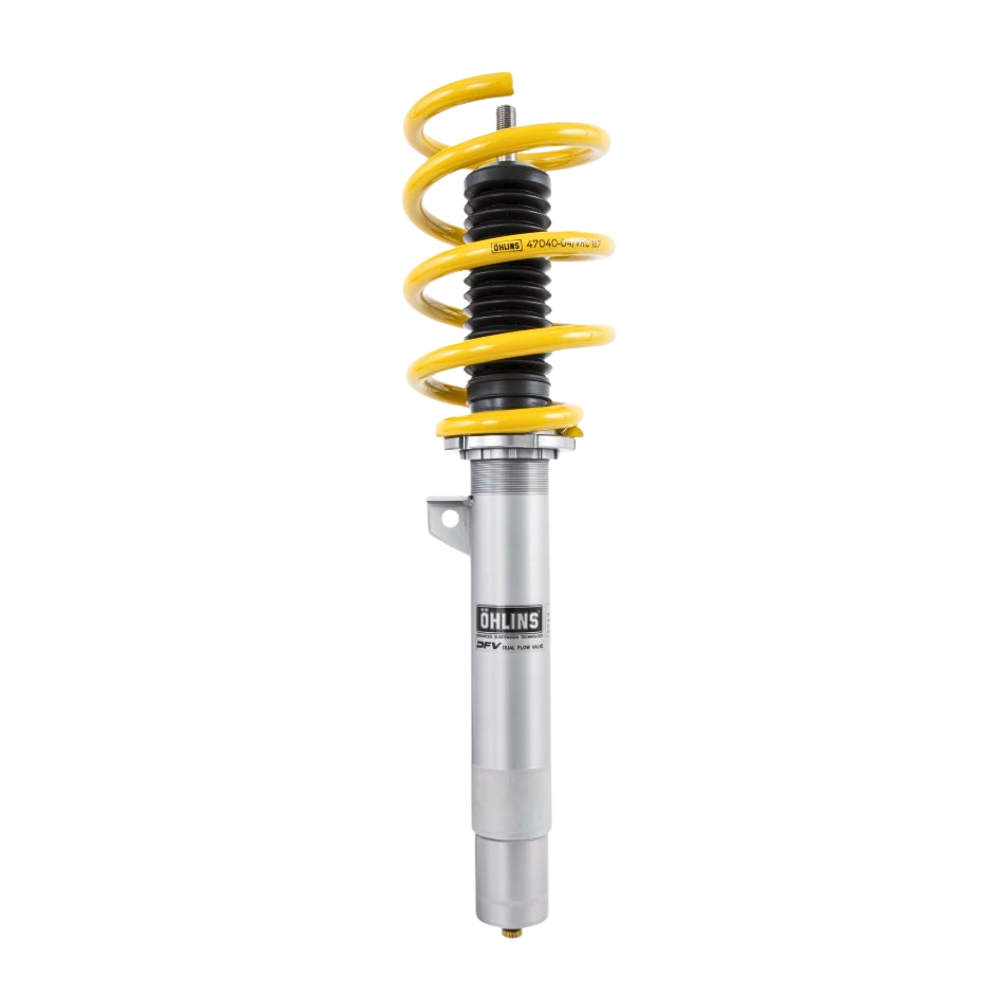 Ohlins shock absorber with yellow coil spring on a white background