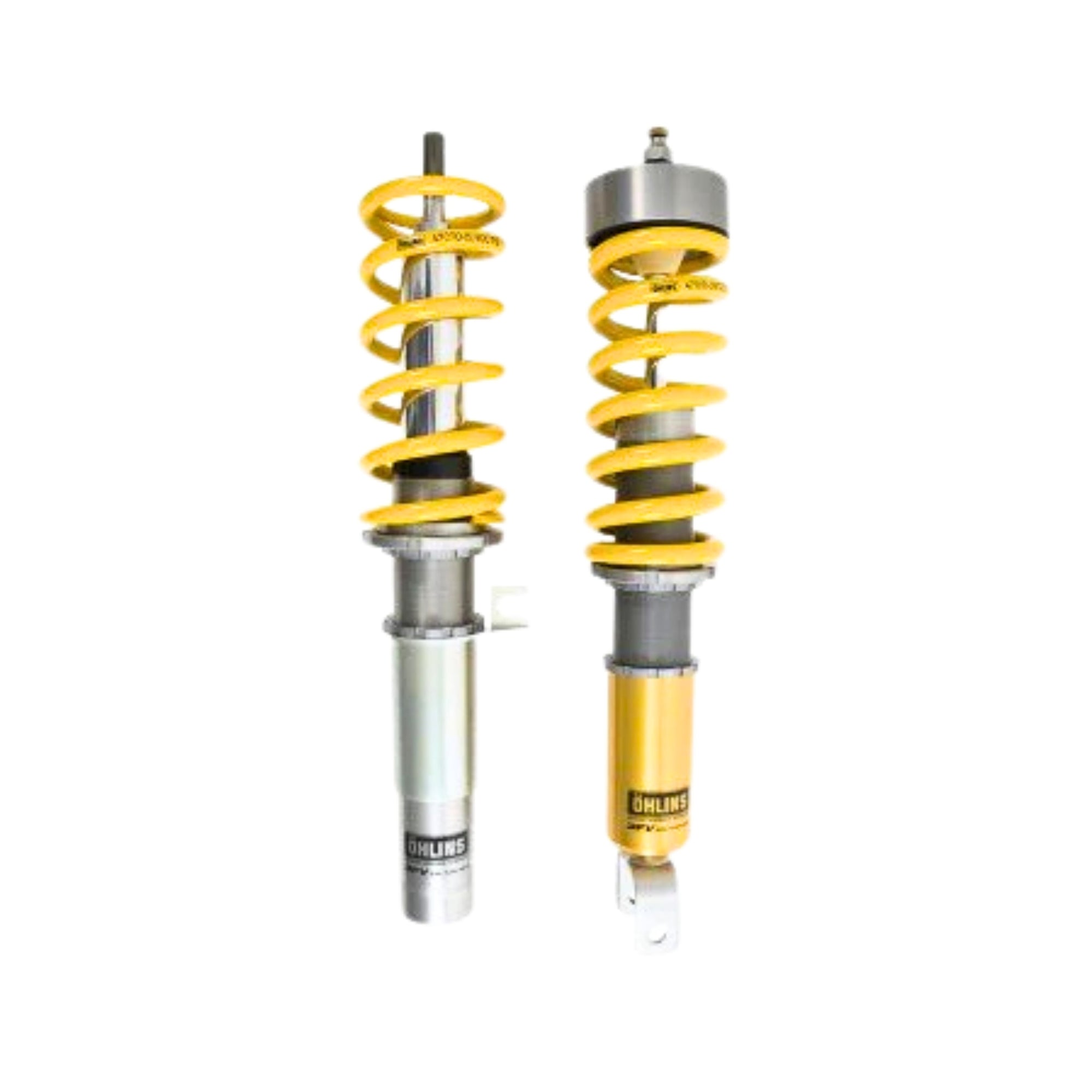 Porsche Ohlins Two yellow shock absorbers on a white background