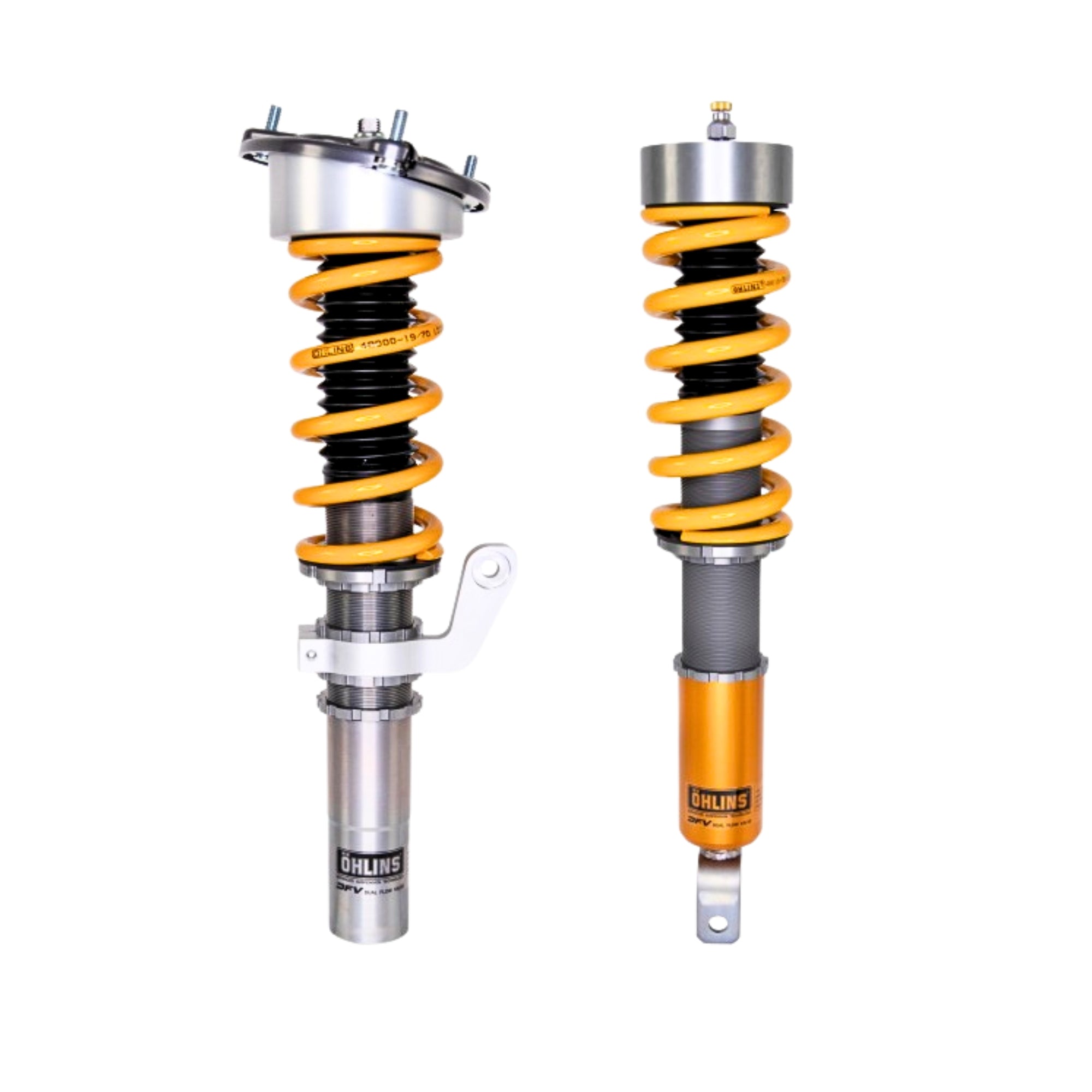 Two shock absorbers coilovers from Ohlins with yellow springs on a white background