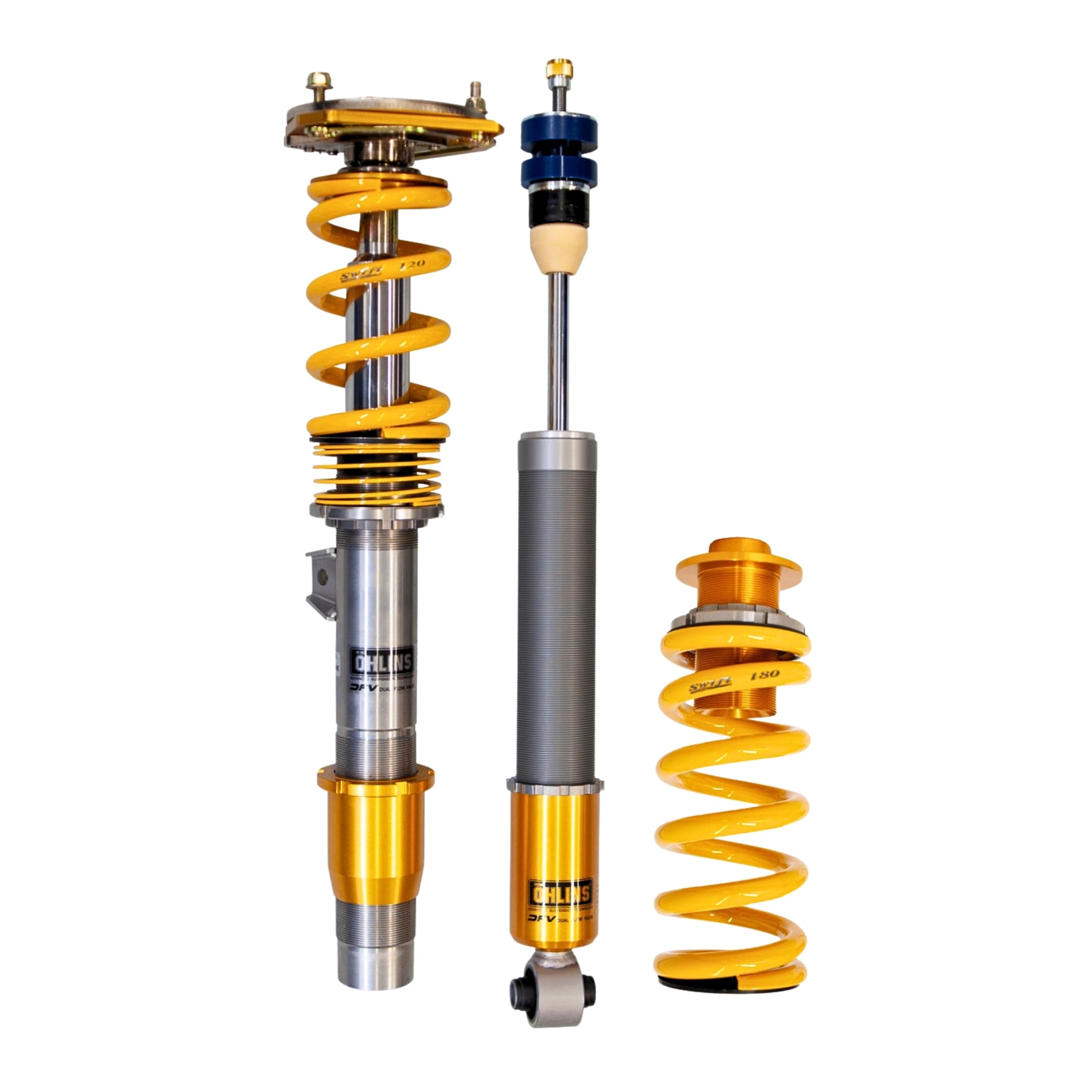 Ohlins Yellow and silver shock absorbers on a white background