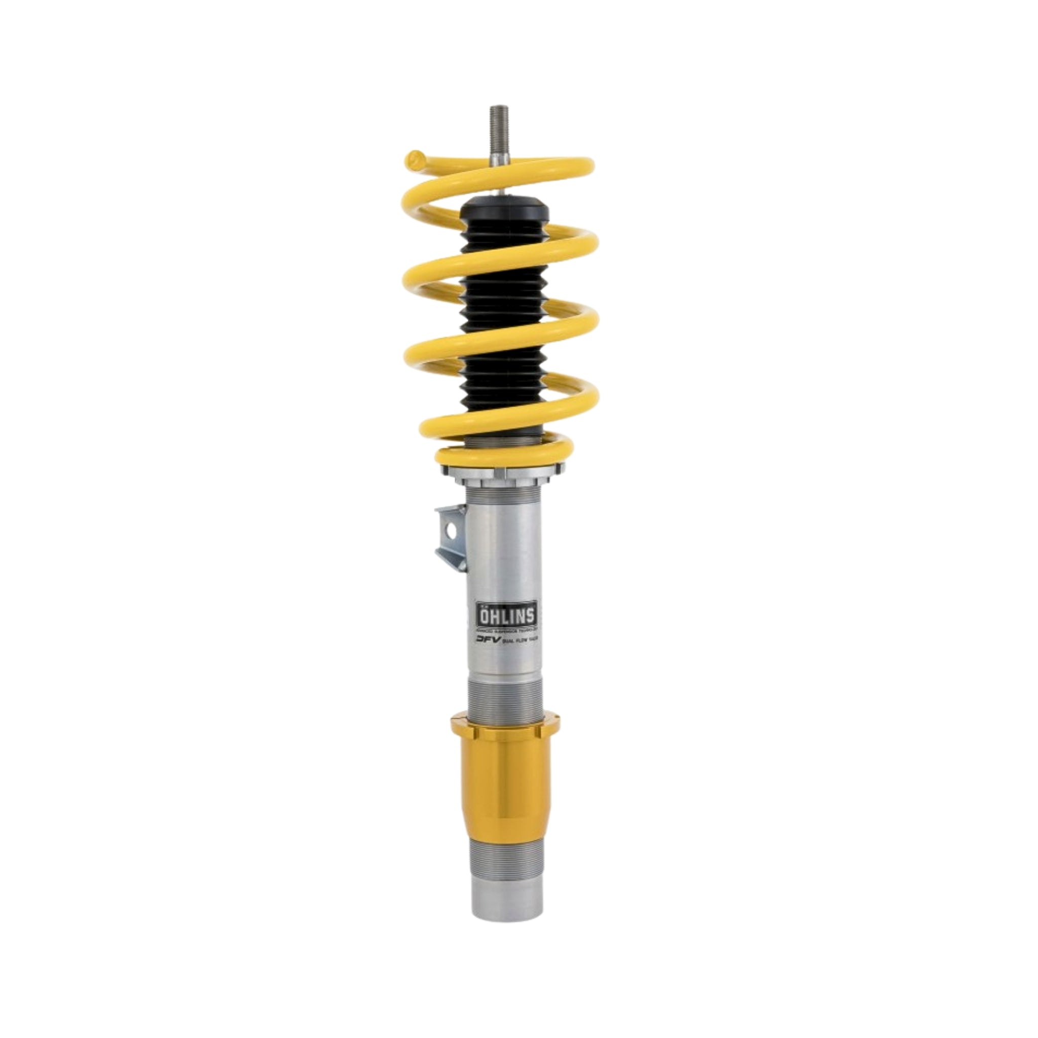 Ohlins shock absorber with yellow coil spring on a white background