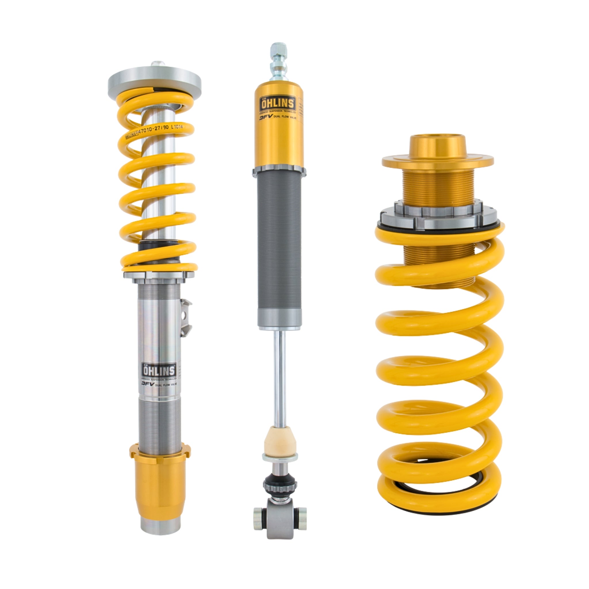 Three shock absorbers with yellow springs on a white background
