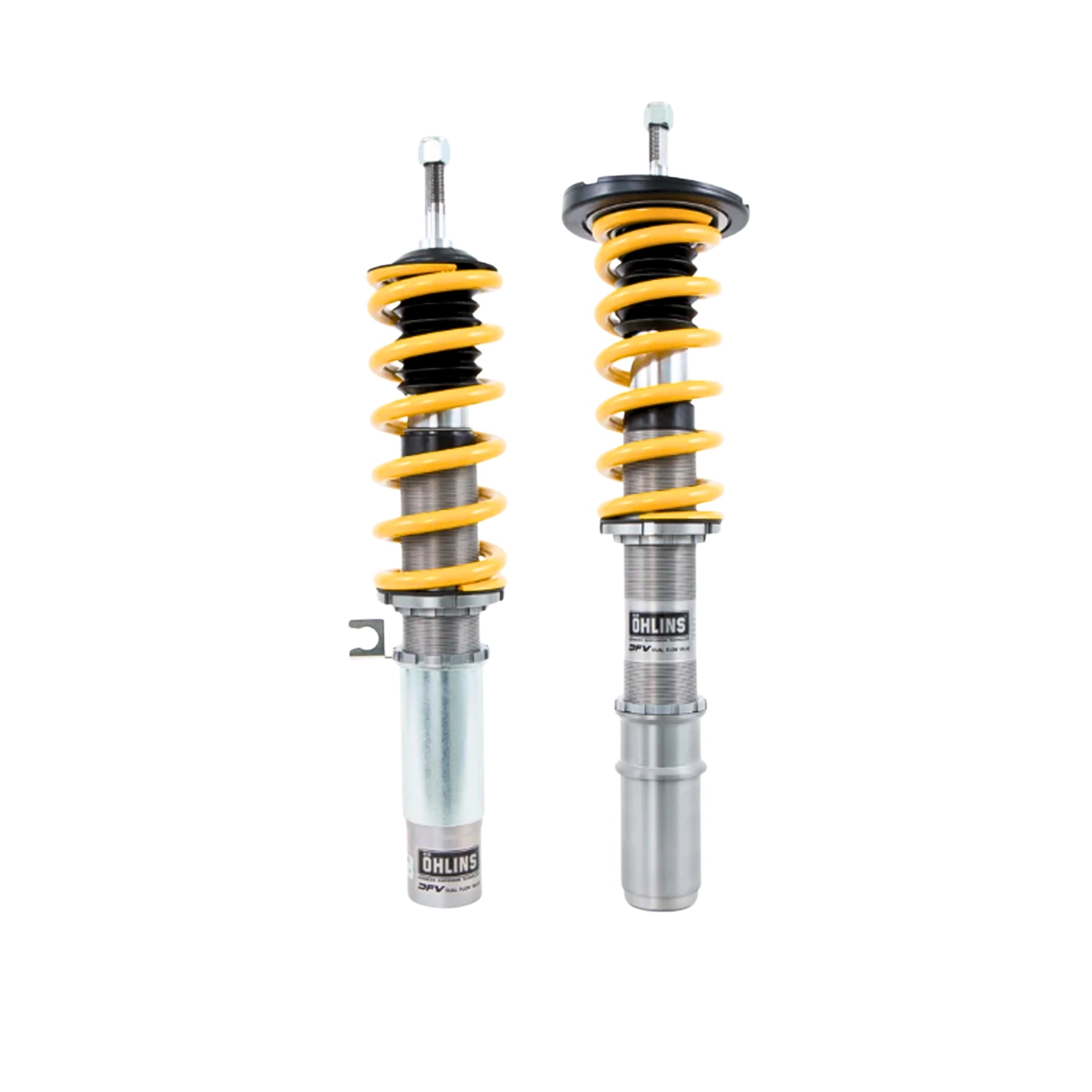 Porsche Ohlins Two shock absorbers with yellow springs on a white background