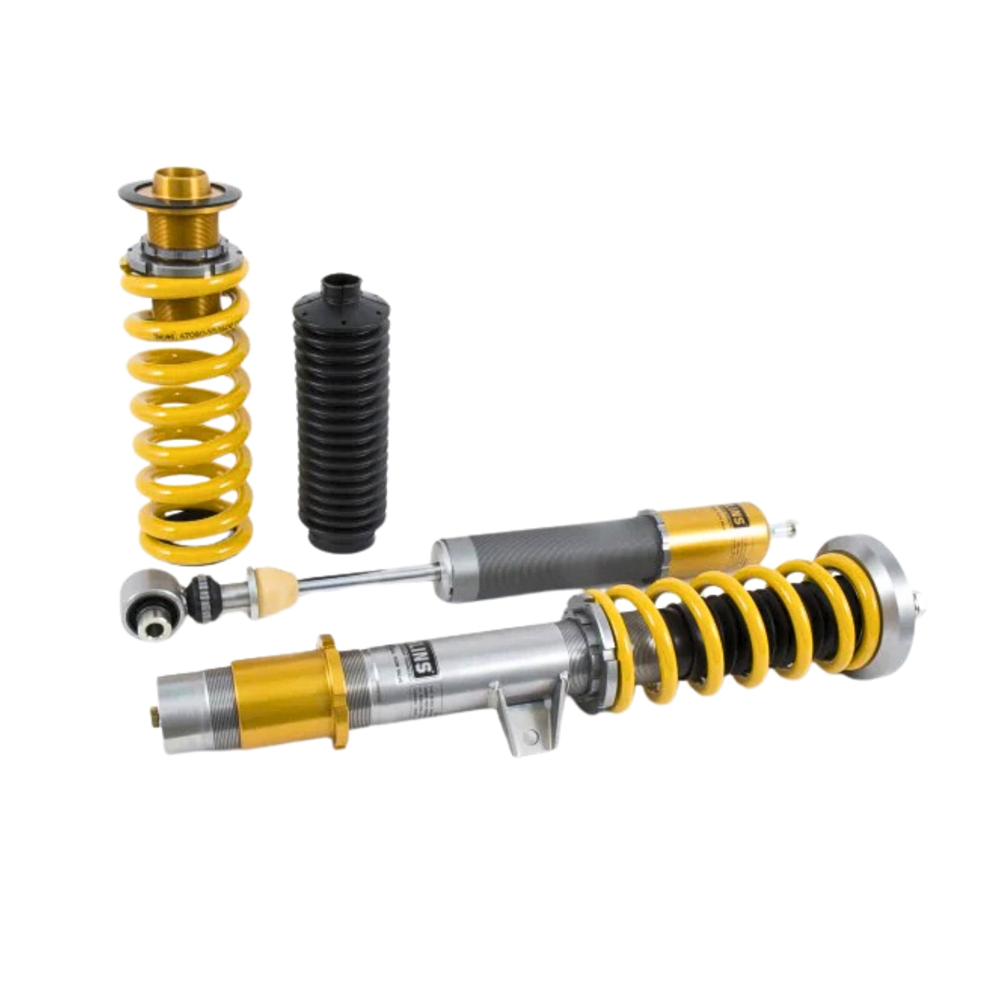 Ohlins Automotive shock absorber coilovers with yellow and silver design on a white background