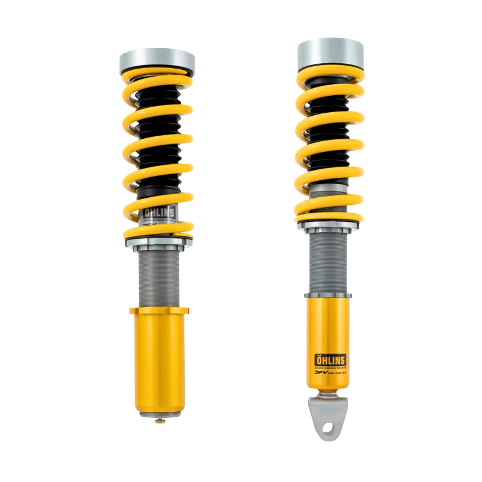 Ohlins Porsche Two yellow shock absorbers on a white background
