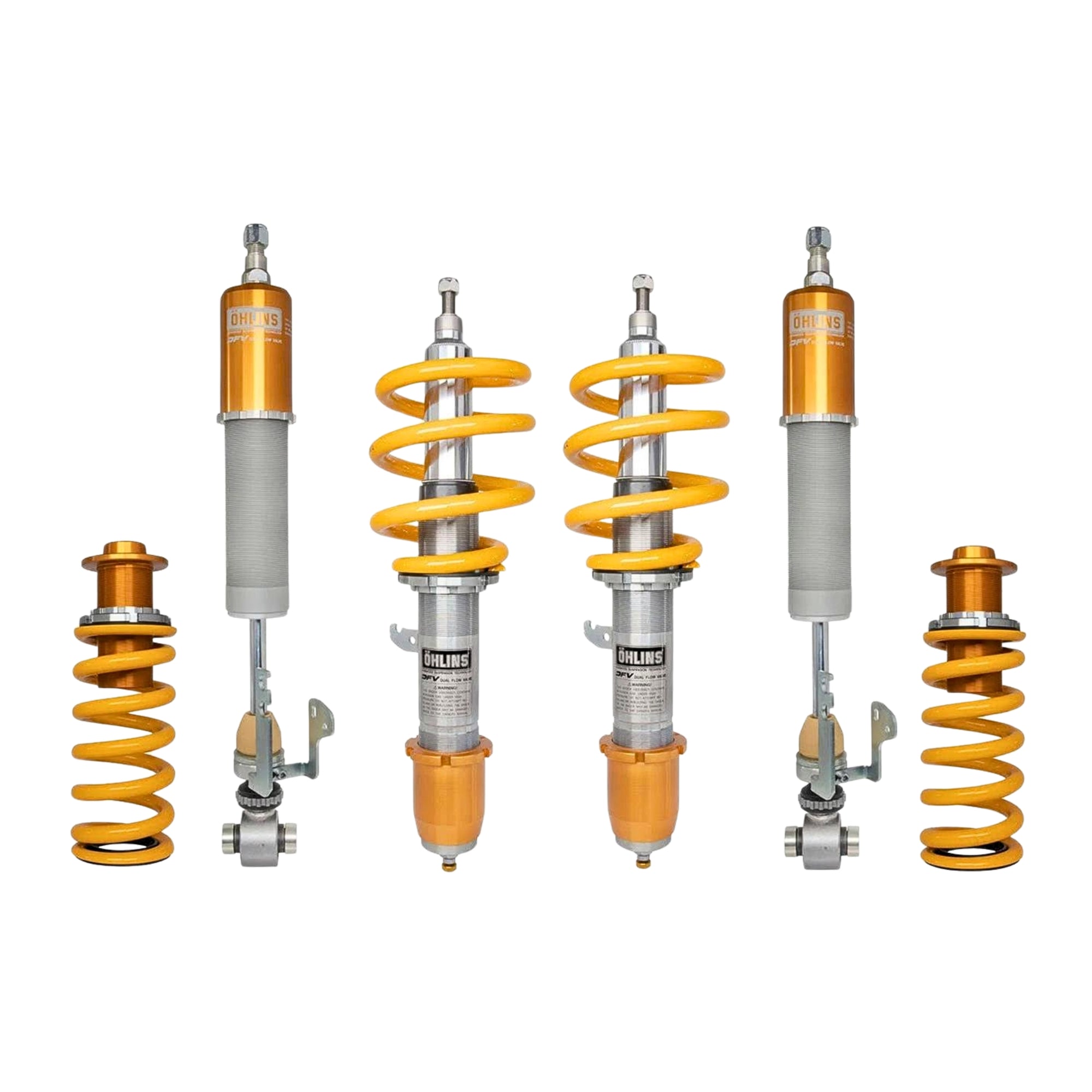 Set of Ohlins suspension components with yellow springs and orange shock absorbers on a white background