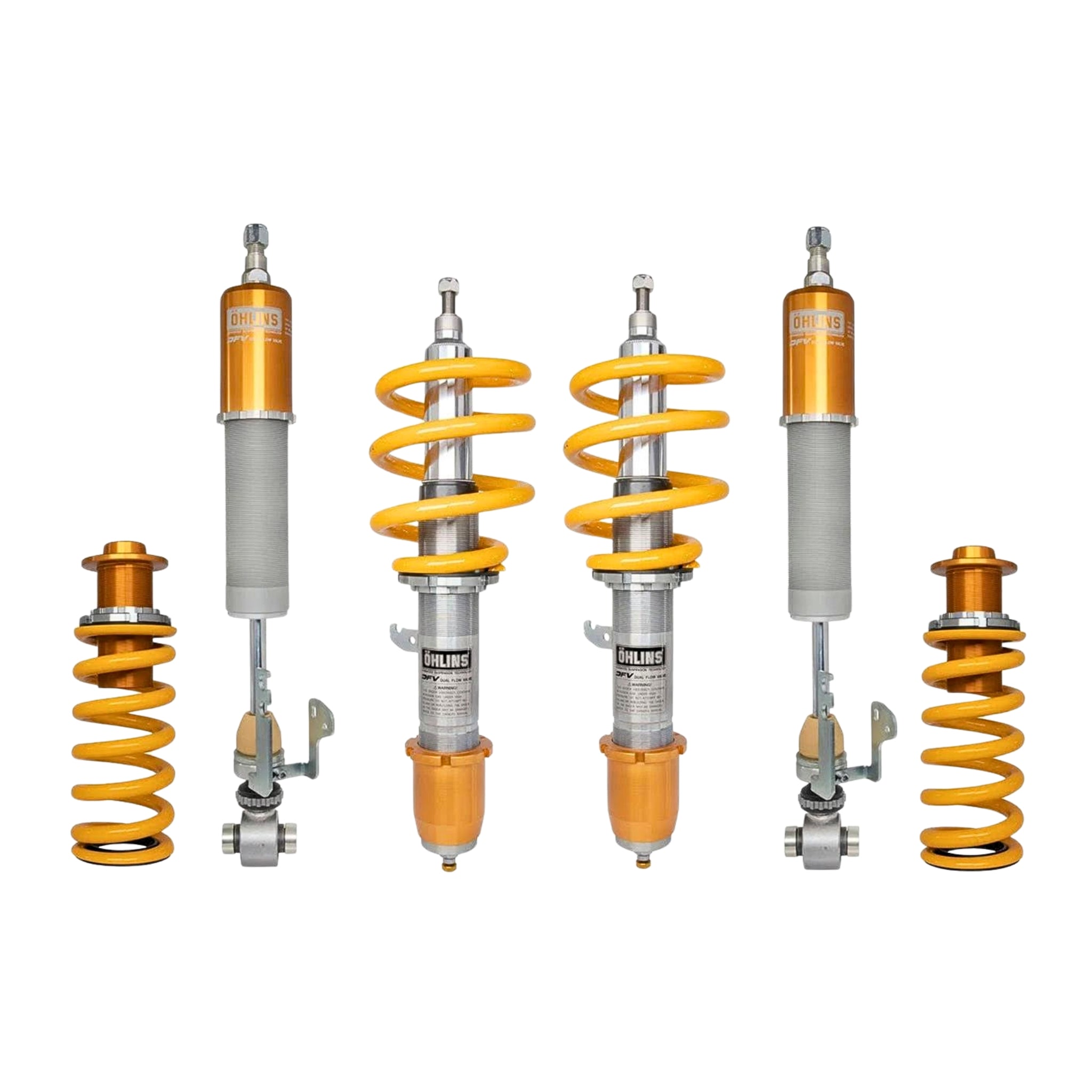 Set of Ohlins suspension components with yellow springs and orange shock absorbers on a white background