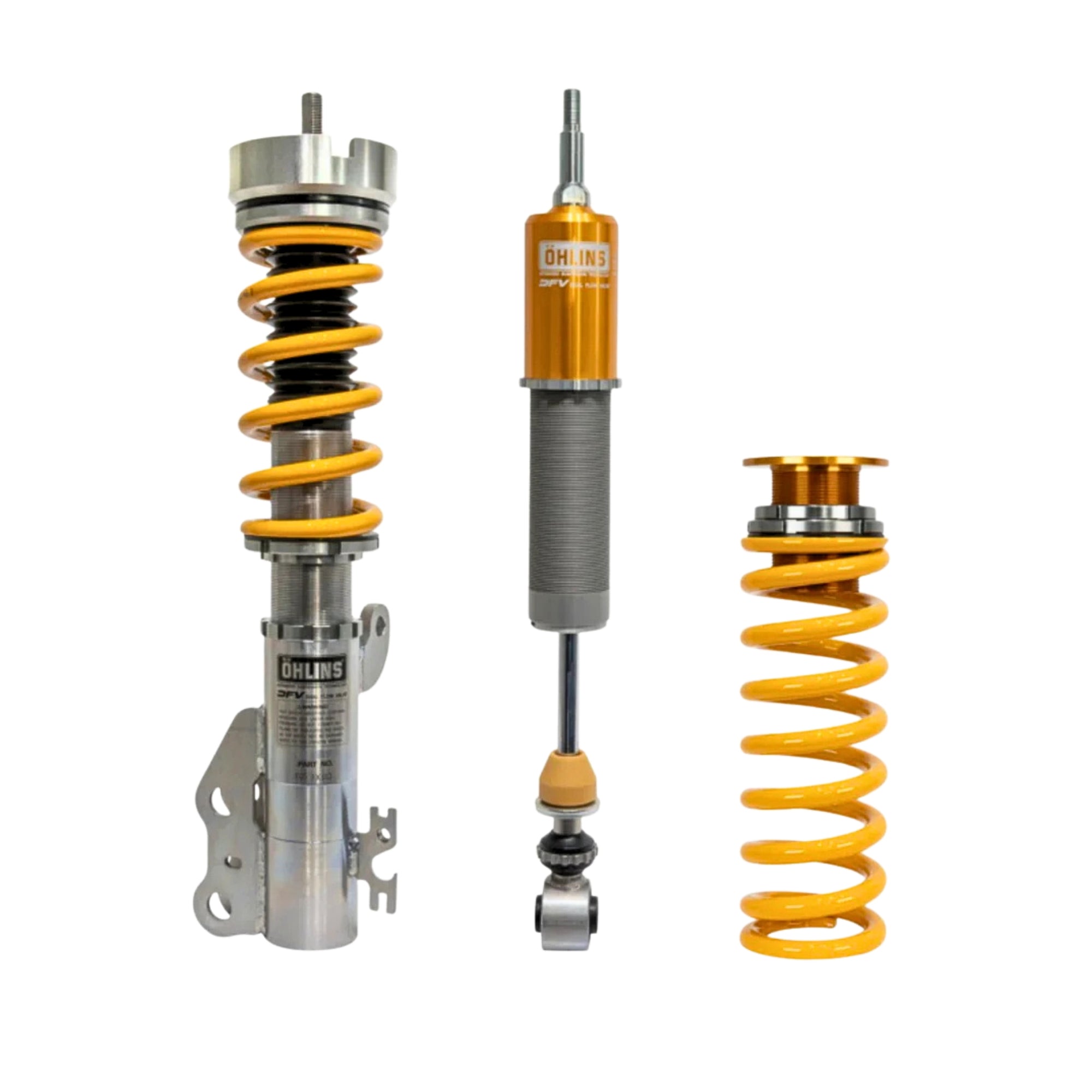 Two Ohlins shock absorbers with yellow springs on a white background