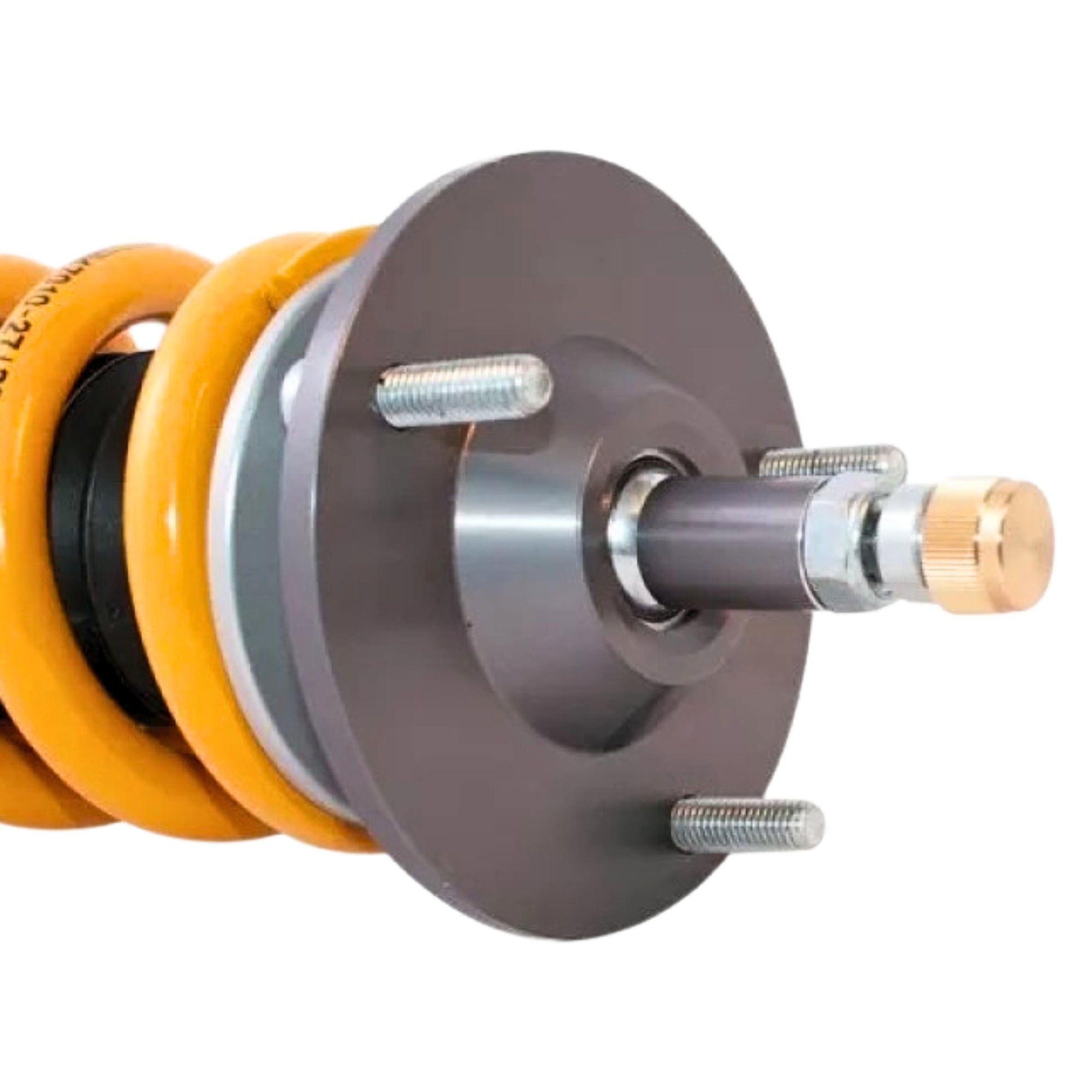 Close-up of a suspension shock absorber with orange and metallic components on a white background