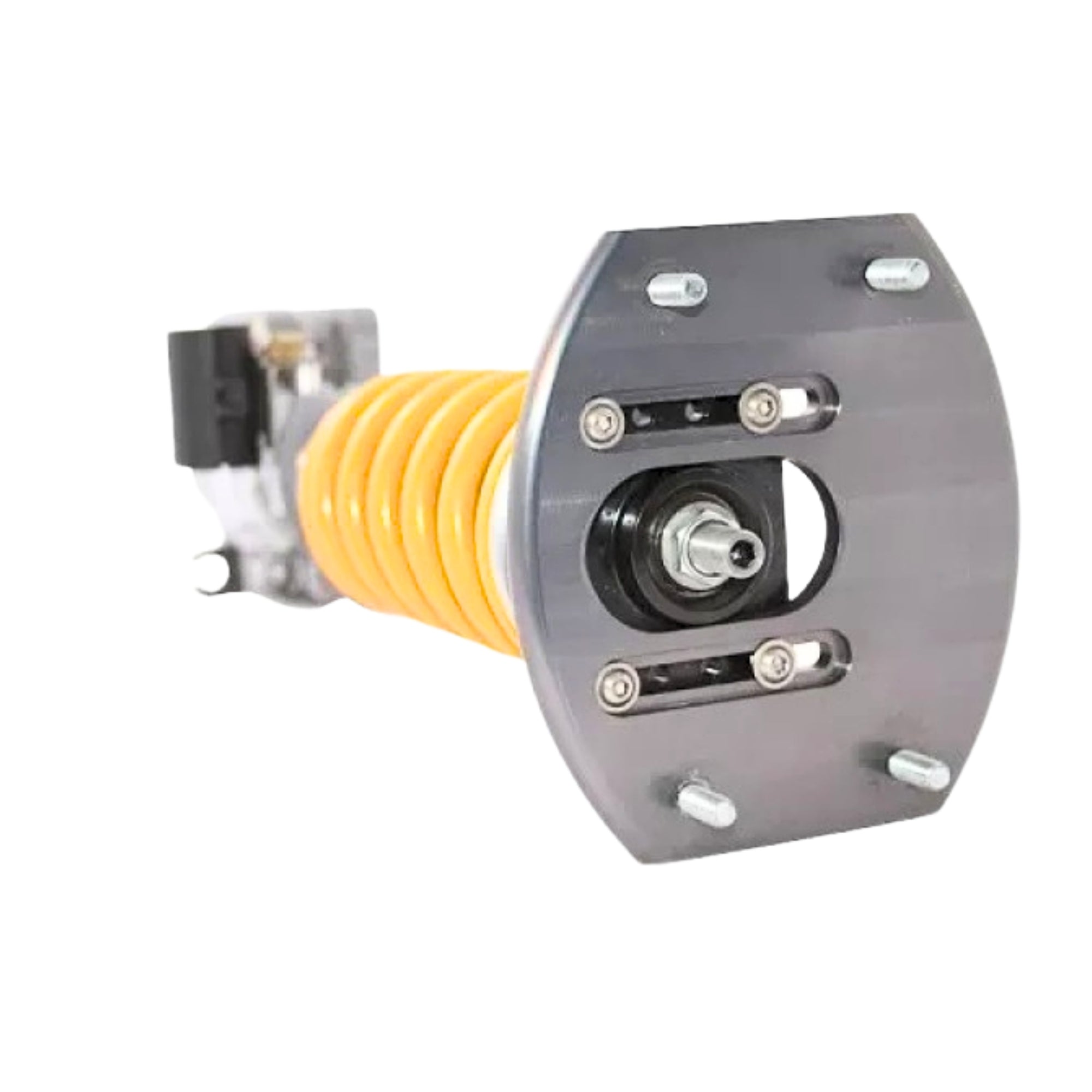 Ohlins Mechanical component with yellow spring and metallic housing on a white background