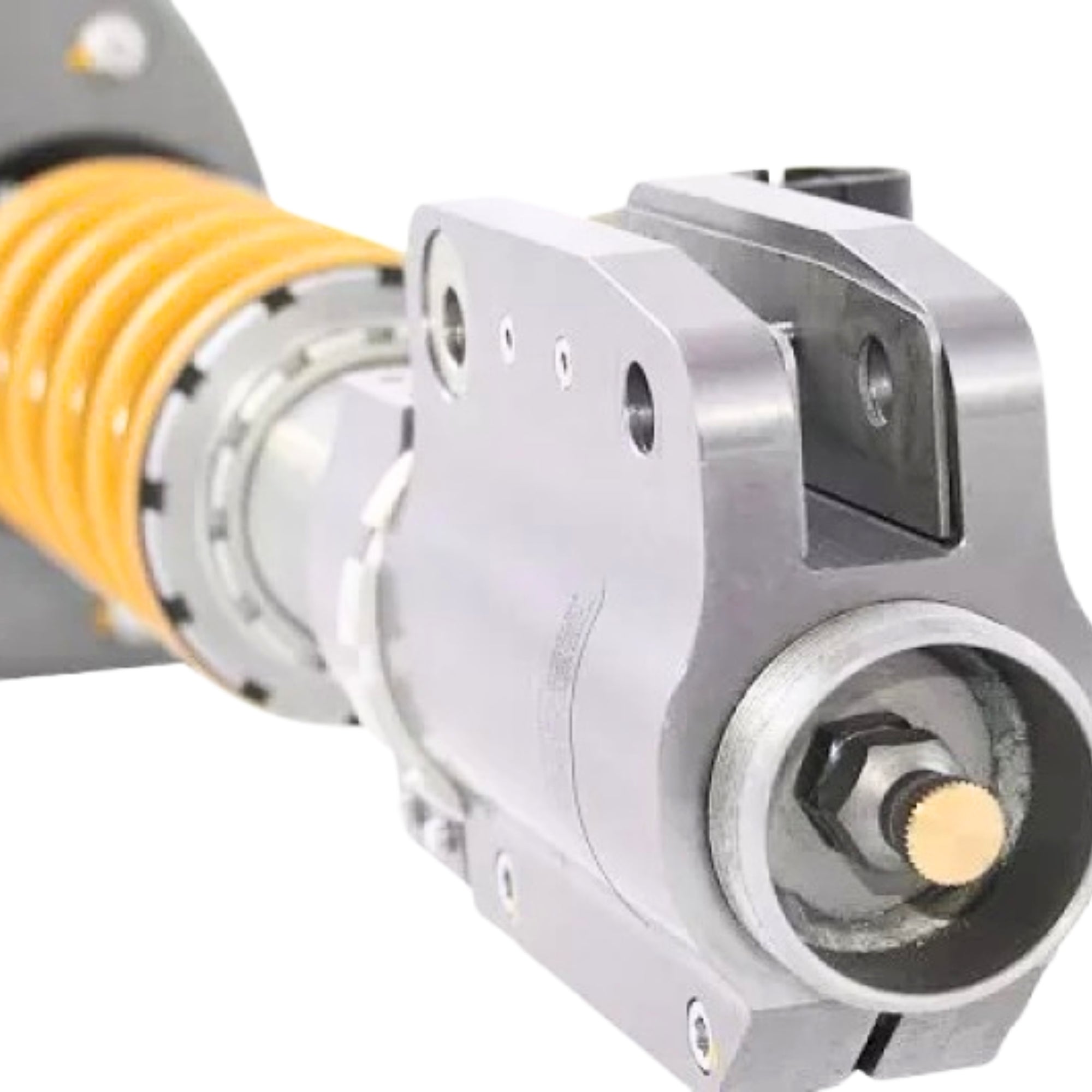 Close-up of a mechanical component with a yellow spring on a white background
