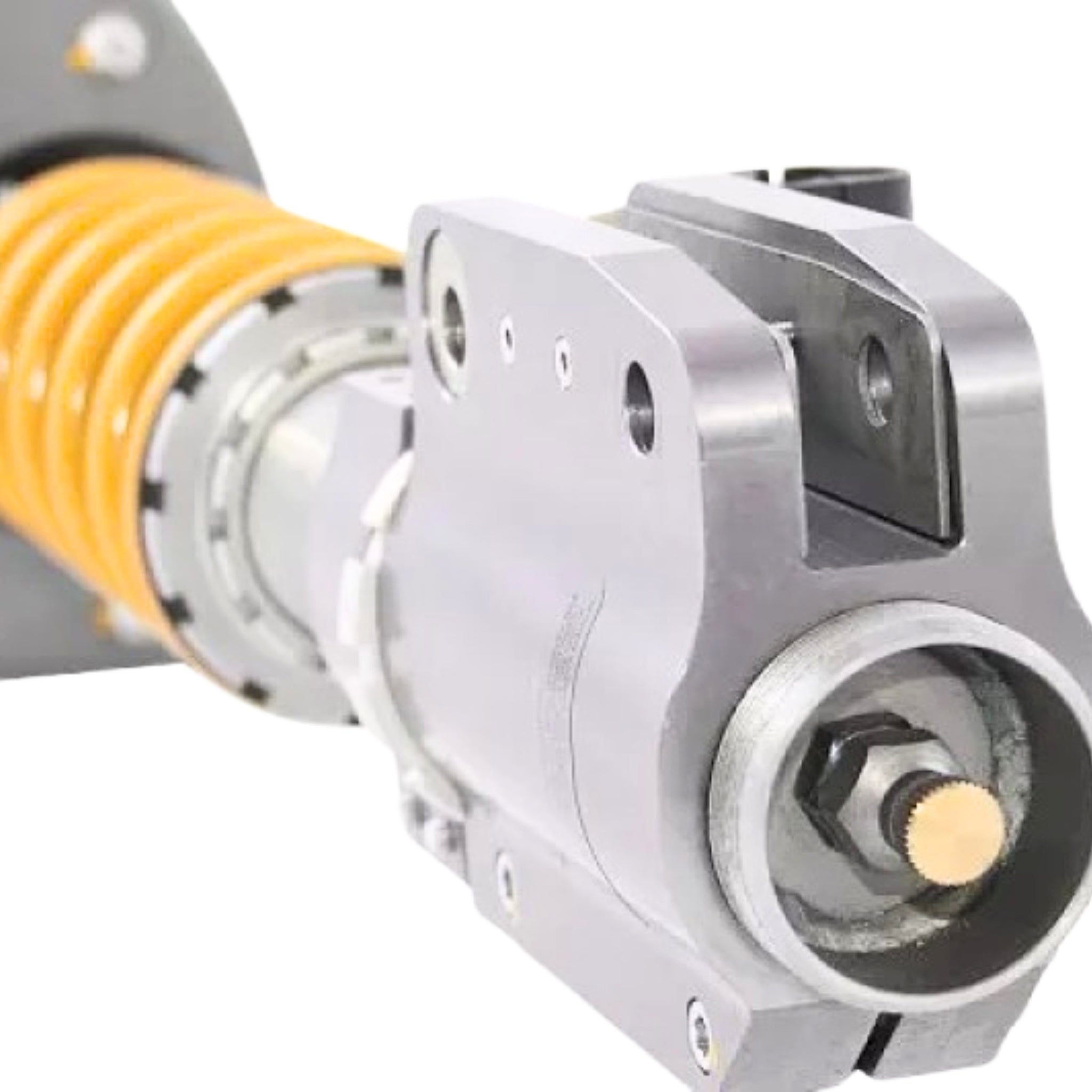 Close-up of a mechanical component with a yellow spring on a white background