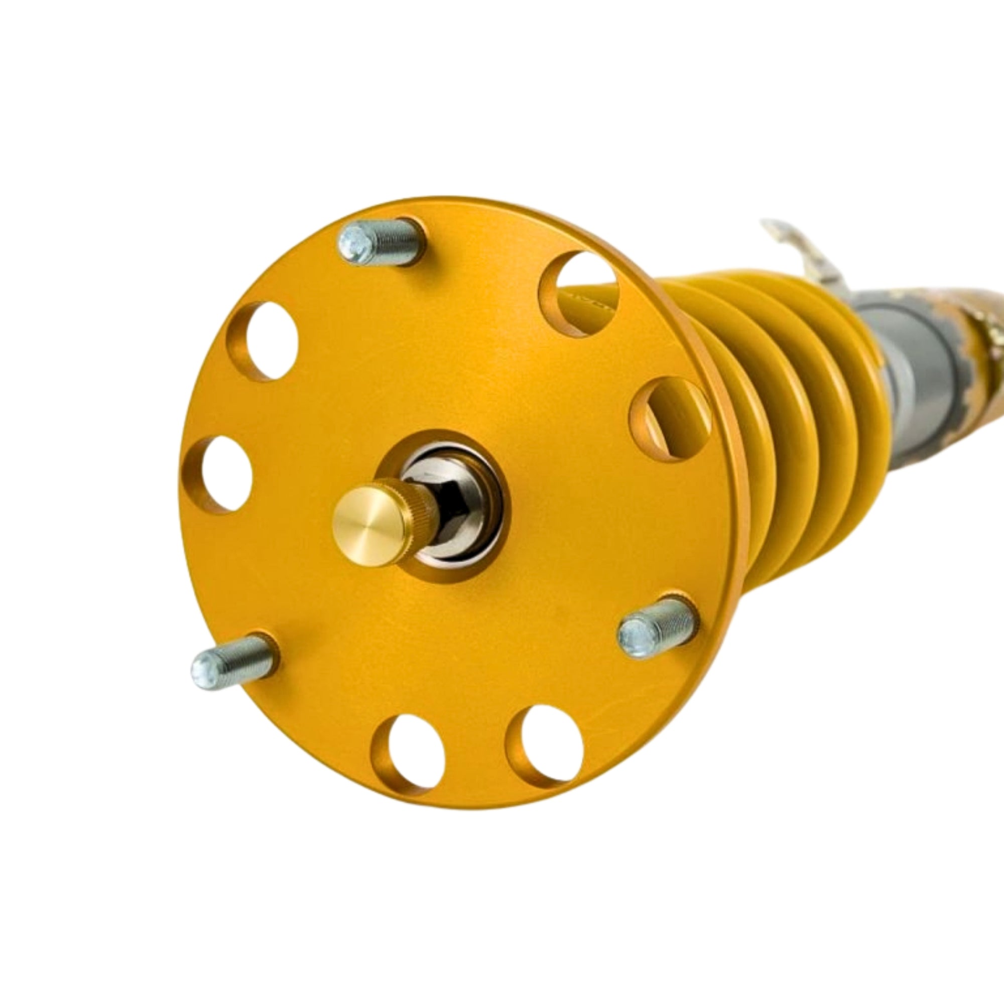 Ohlins Yellow mechanical component with metallic parts on a white background