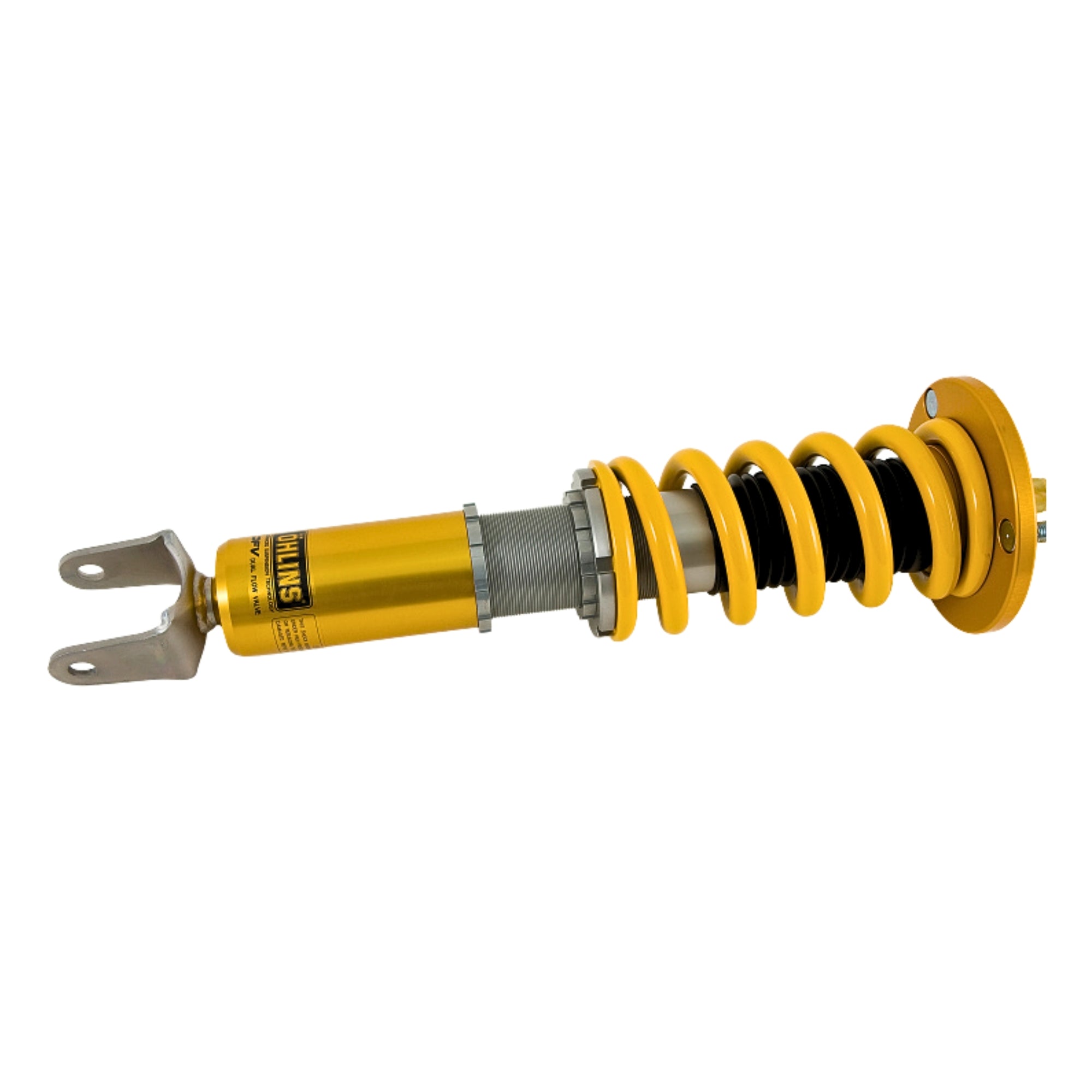 Ohlins Yellow shock absorber on a white background