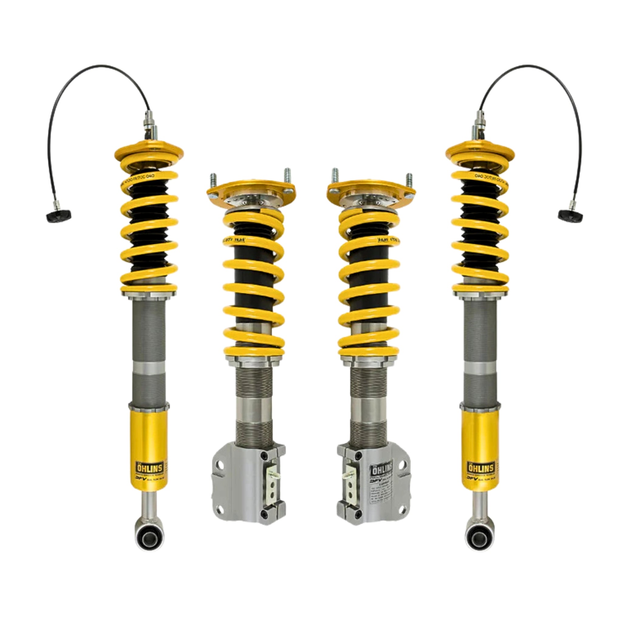 Four Ohlins shock absorber coilovers with yellow springs on a white background