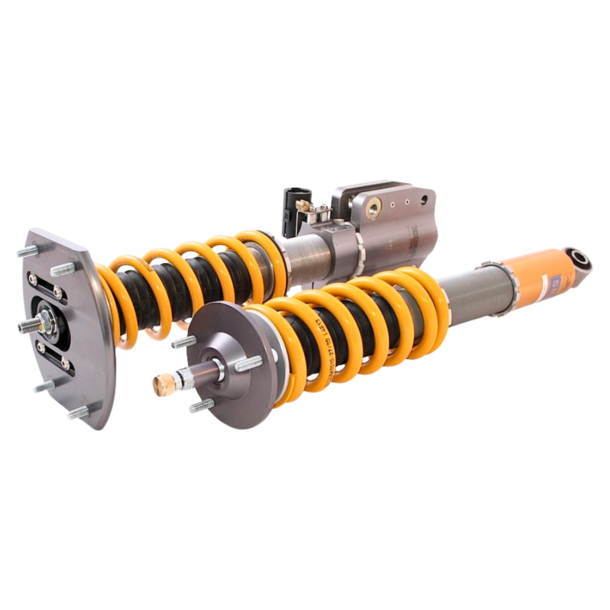 Pair of shock absorbers with yellow springs on a white background