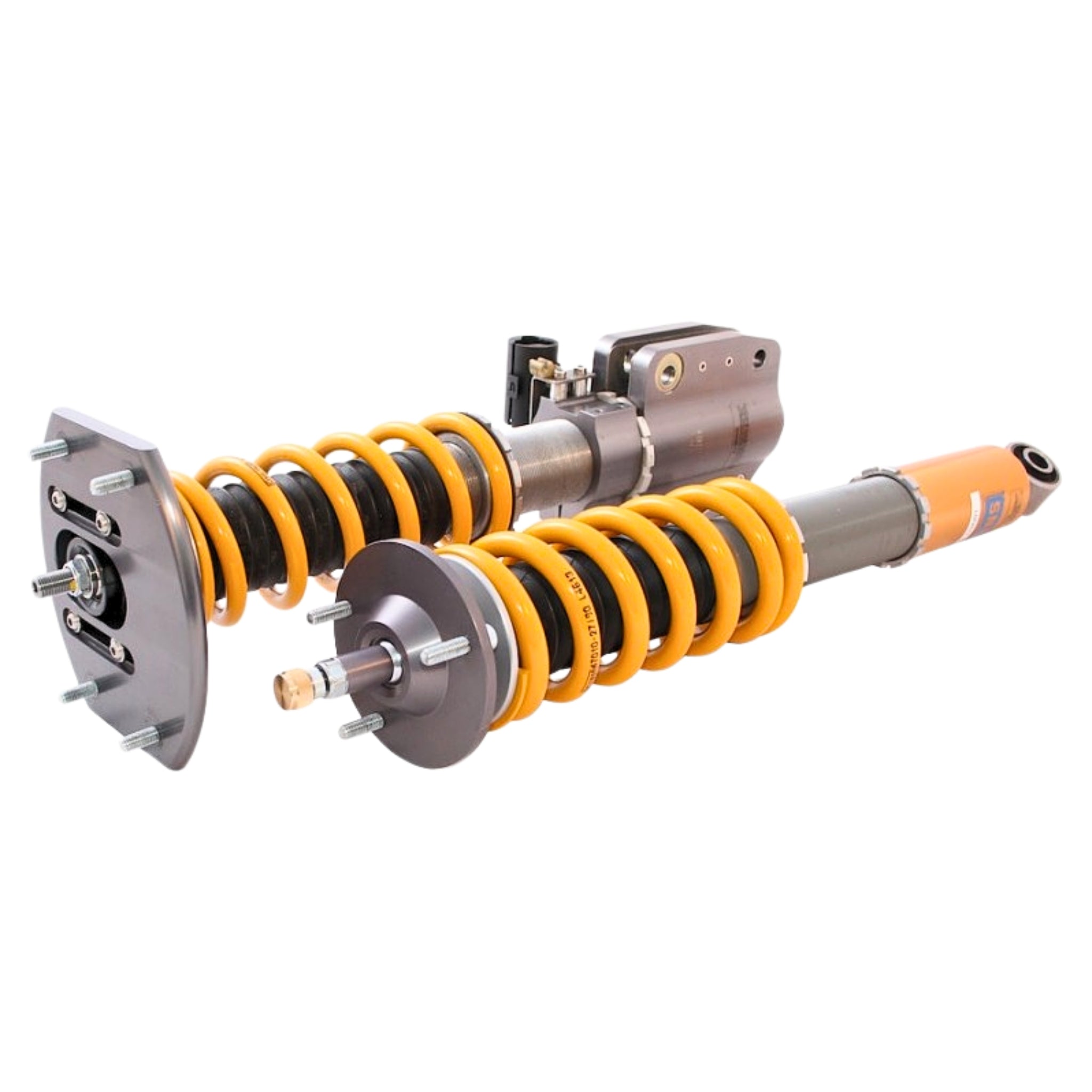 Pair of shock absorbers with yellow springs on a white background
