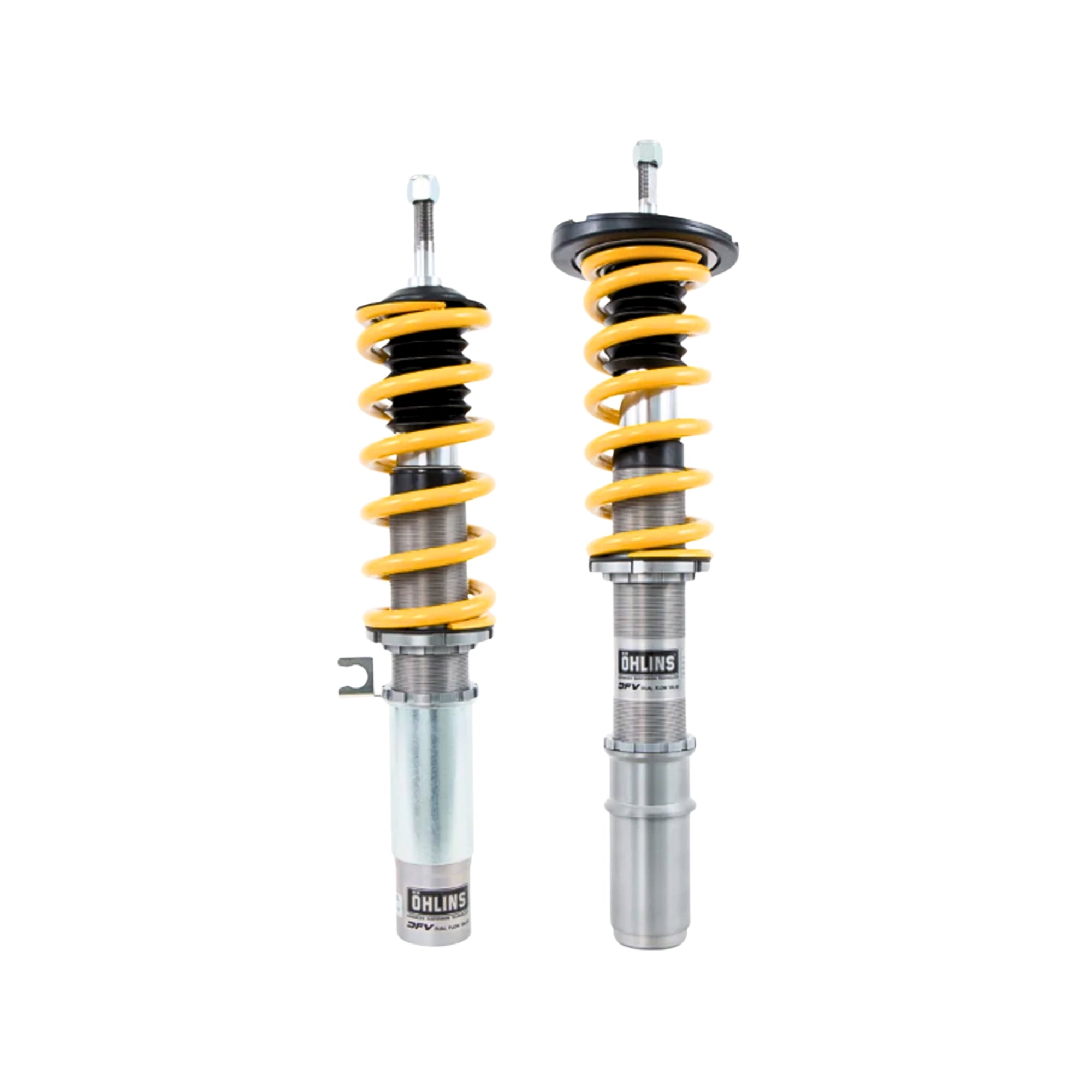 Porsche Ohlins Two coilover suspension systems on a white background