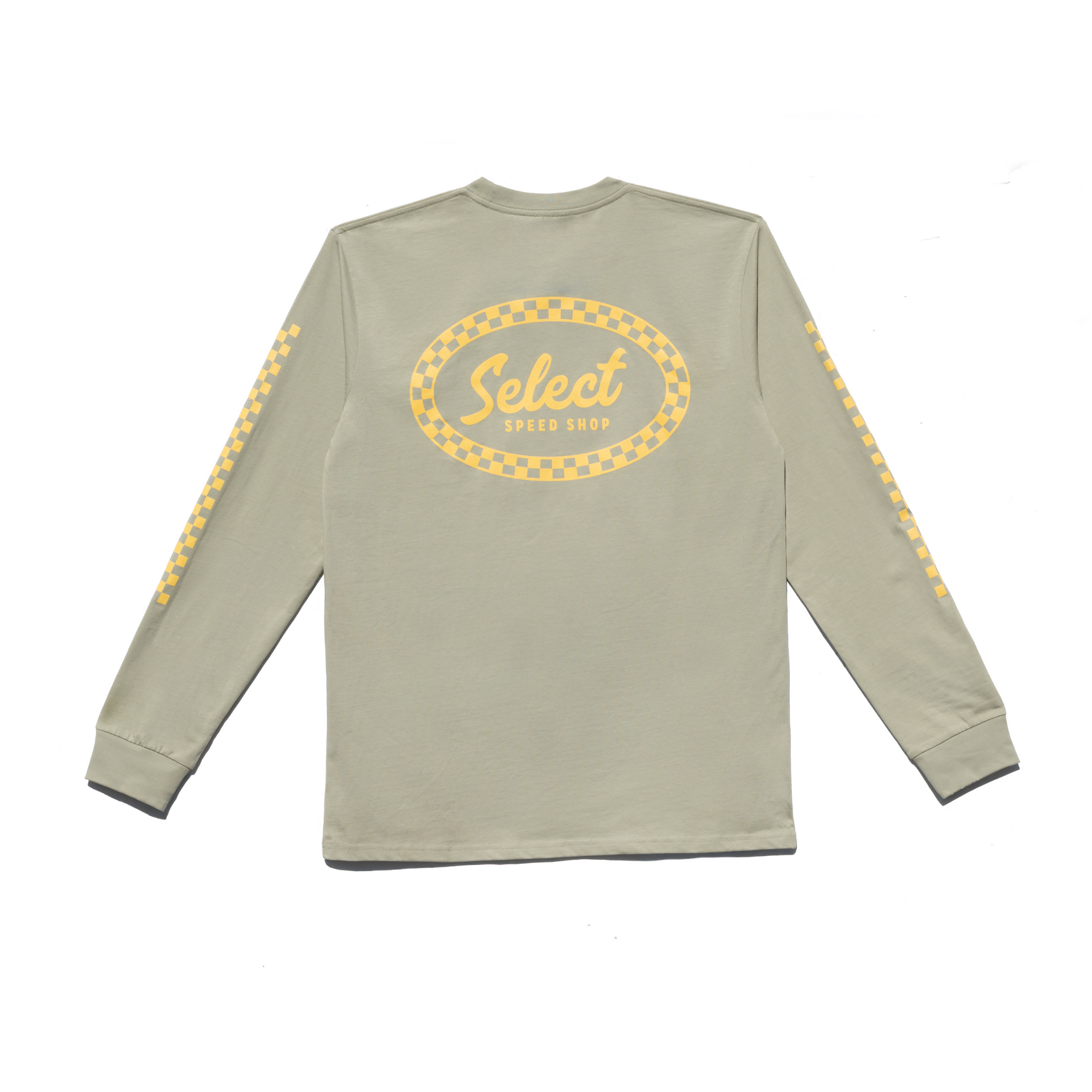 Green long-sleeve shirt with select speed shop logo and text on a white background