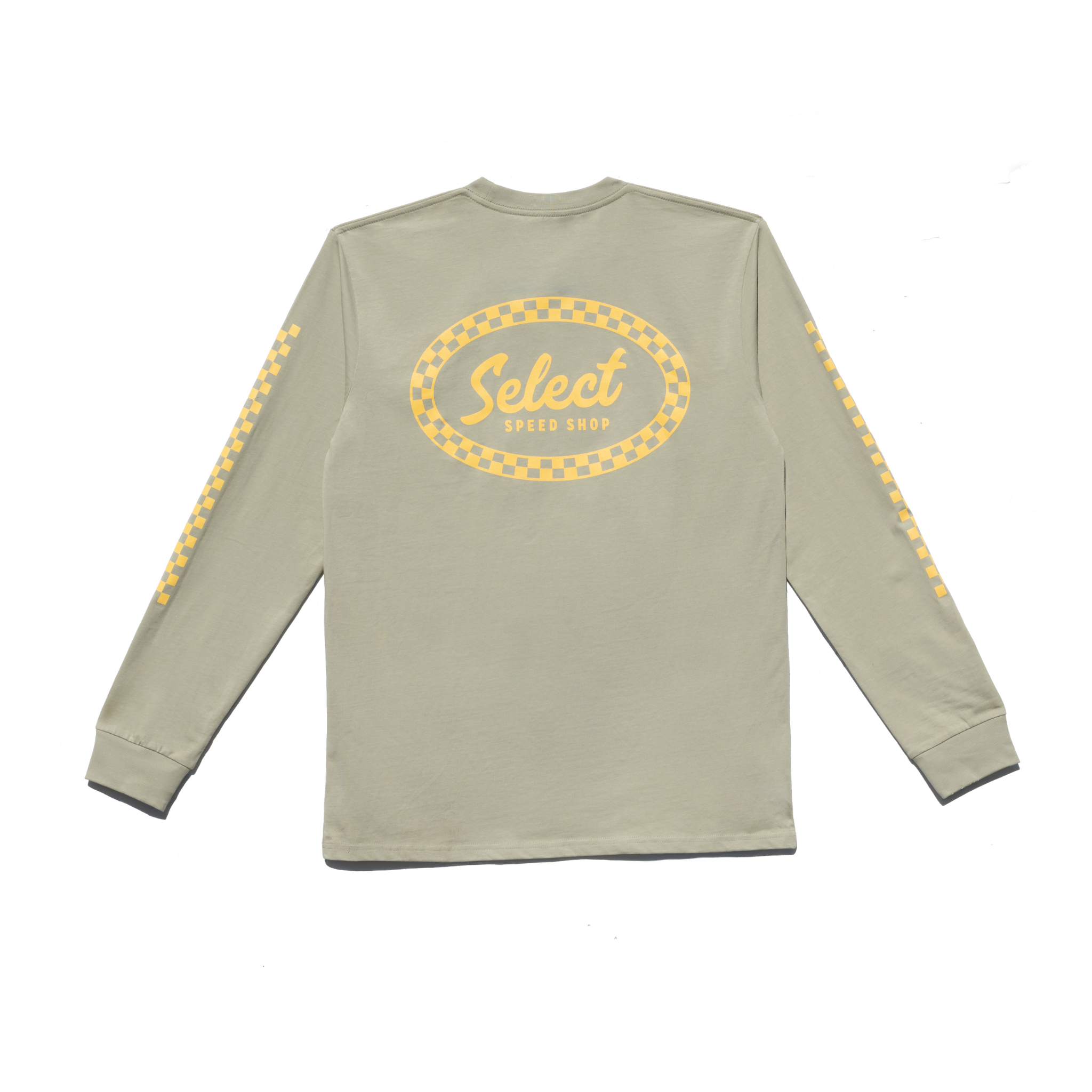 Green long-sleeve shirt with select speed shop logo and text on a white background