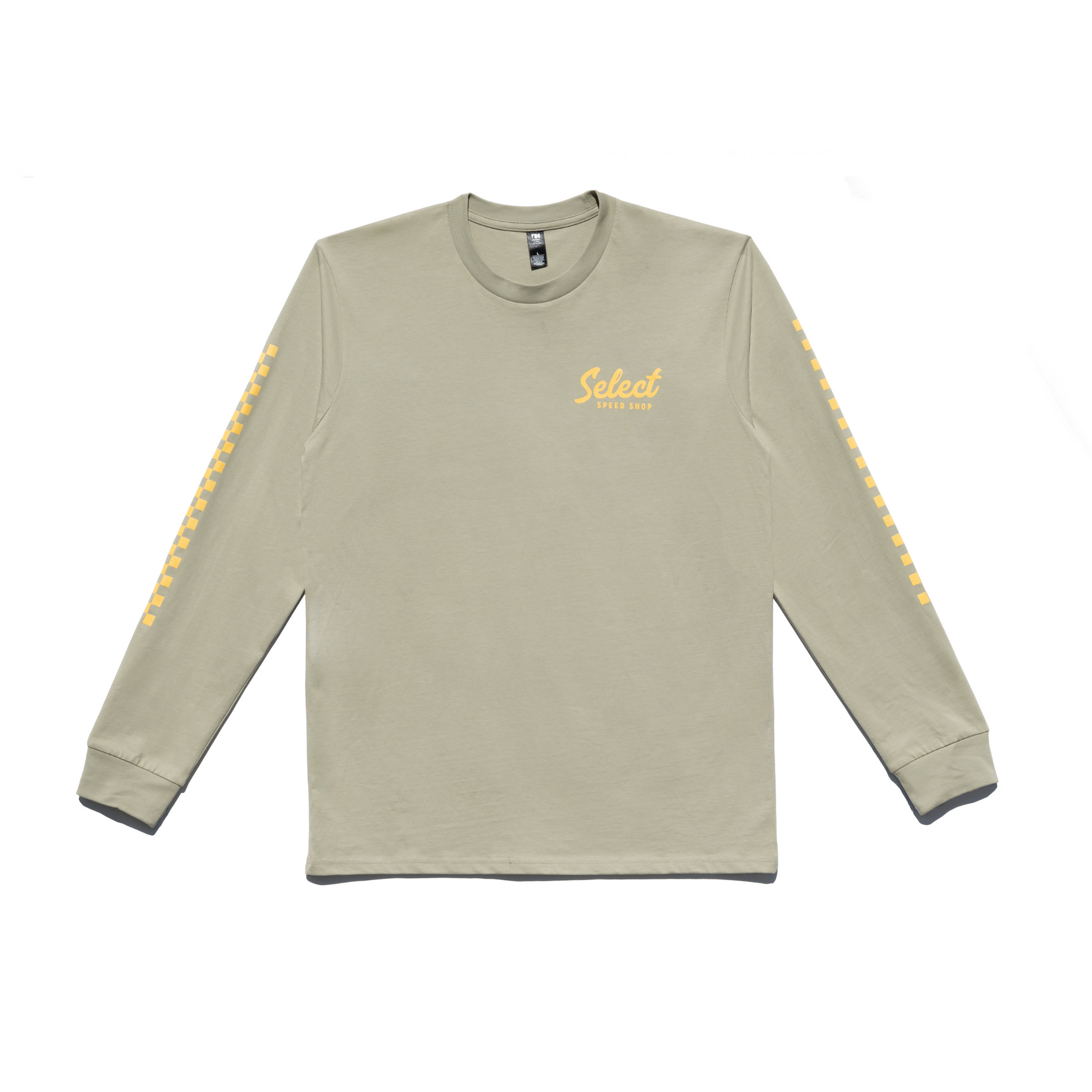 Green long-sleeve shirt with select speed shop logo and checker accents on a white background